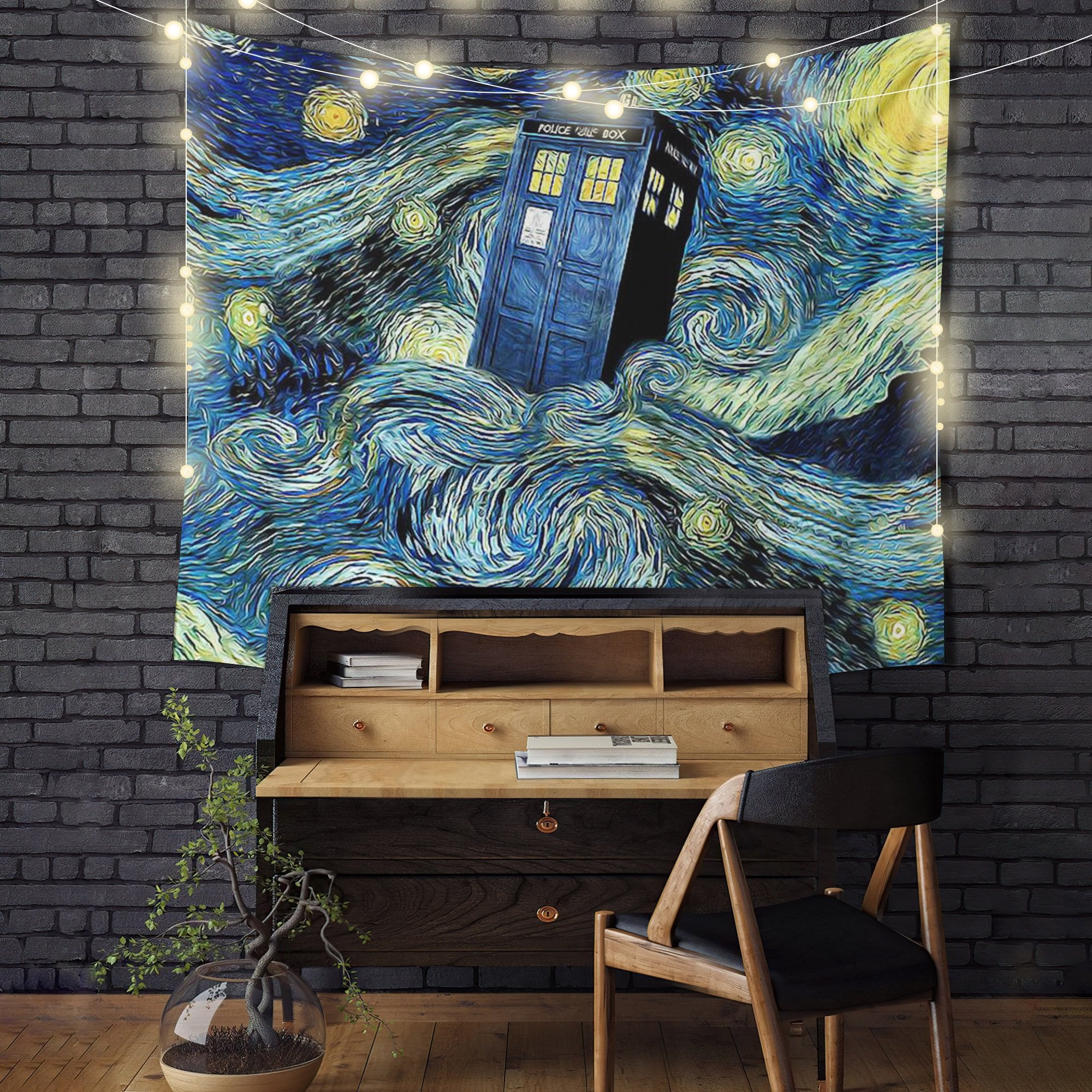 Starry Night Police Telephone Box Tapestry Room Decor