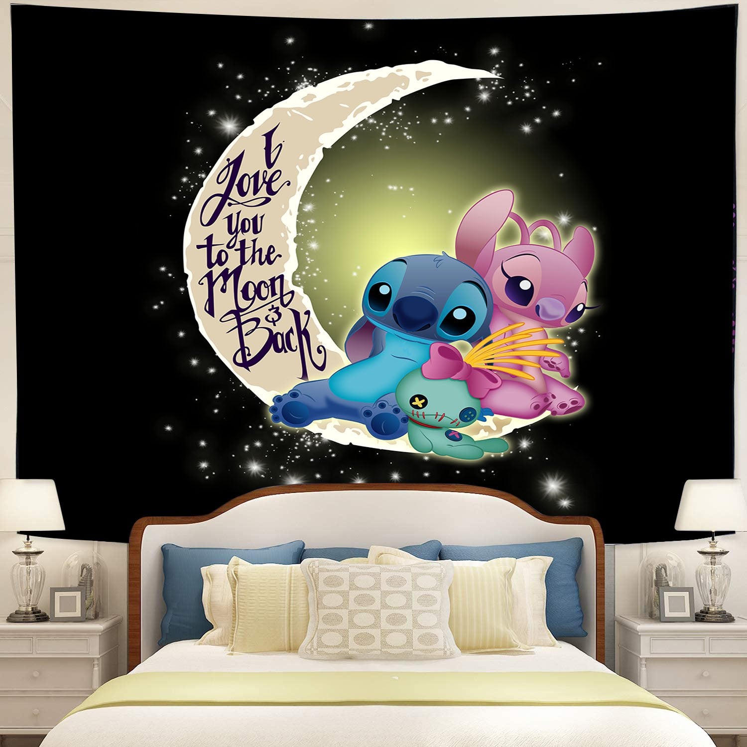 Stitch Couple Love You To The Moon Tapestry Room Decor