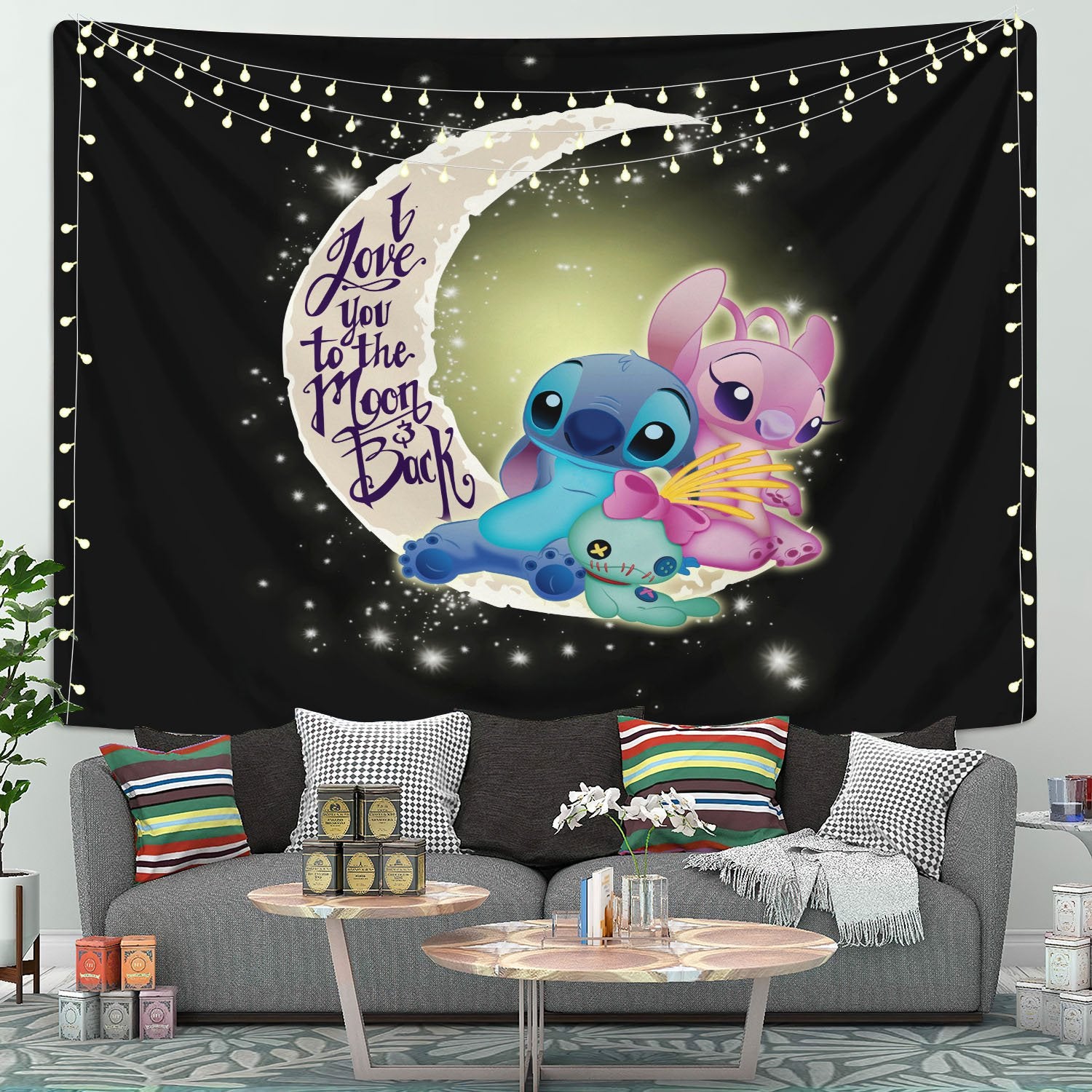 Stitch Couple Love You To The Moon Tapestry Room Decor