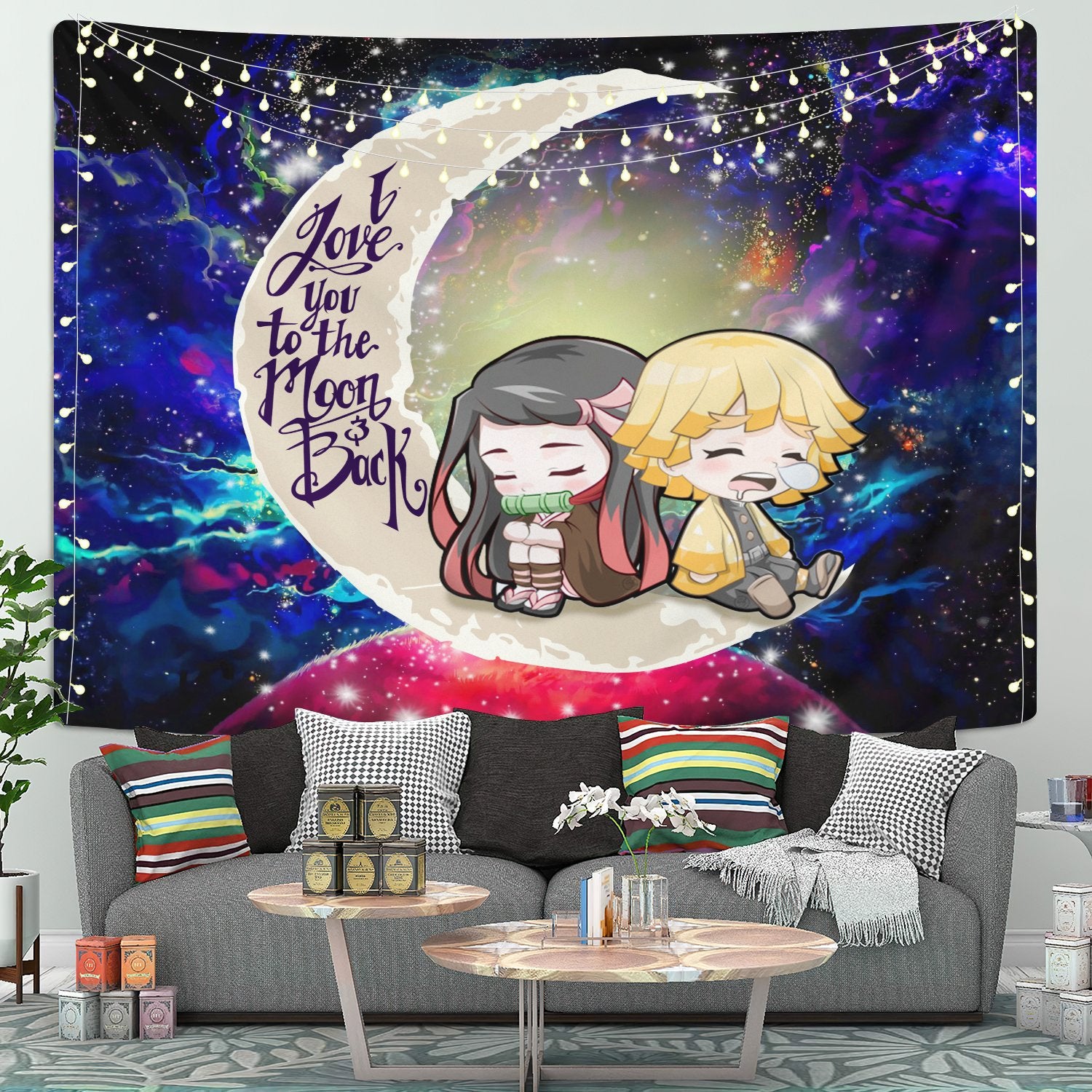 Zenitsu And Nezuko Chibi Demon Slayer Love You To The Moon Galaxy Tapestry Room Decor