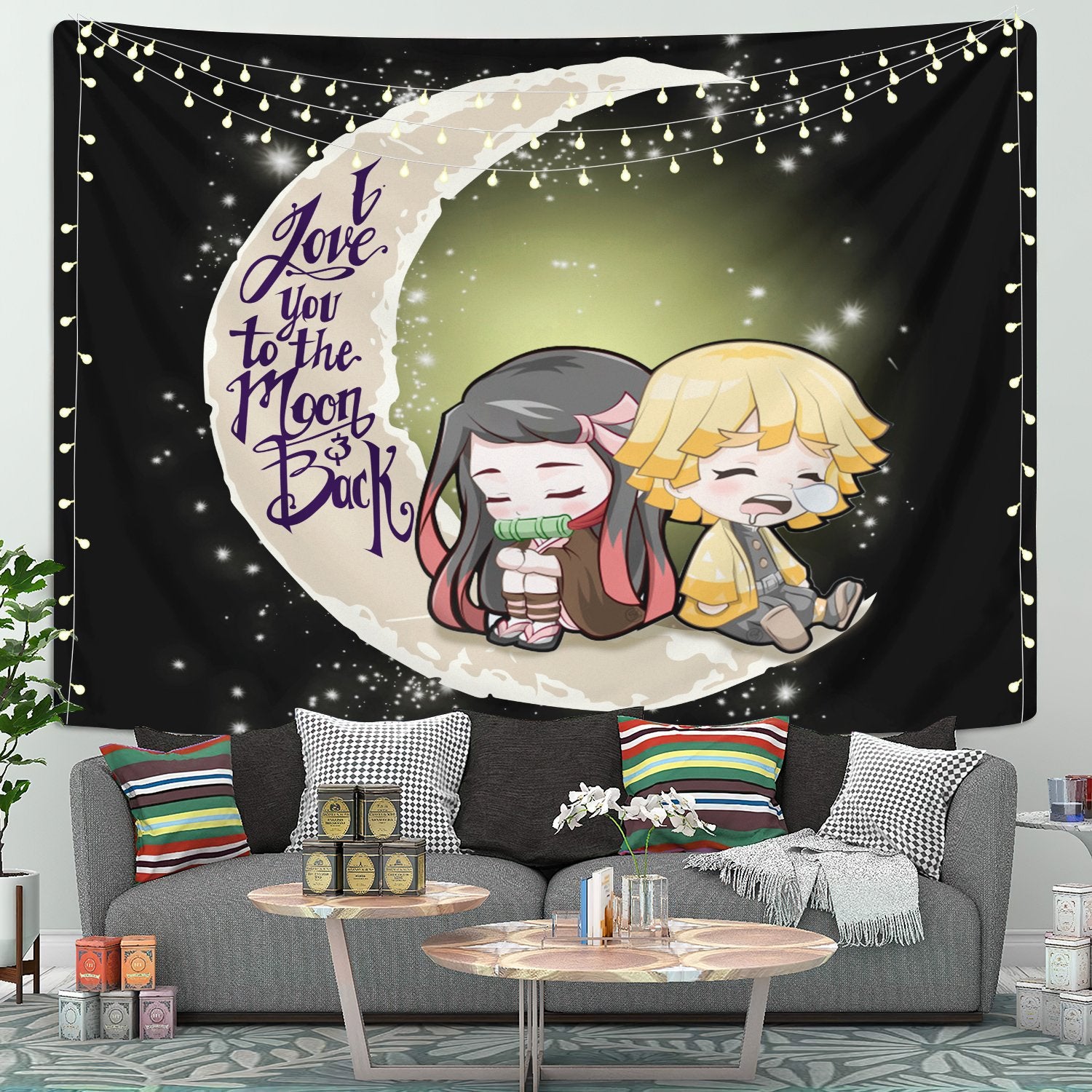 Zenitsu And Nezuko Chibi Demon Slayer Love You To The Moon Tapestry Room Decor