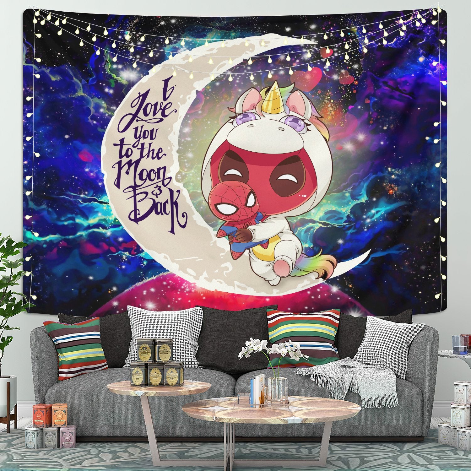Unicorn Deadpool And Spiderman Avenger Moon And Back Galaxy Tapestry Room Decor