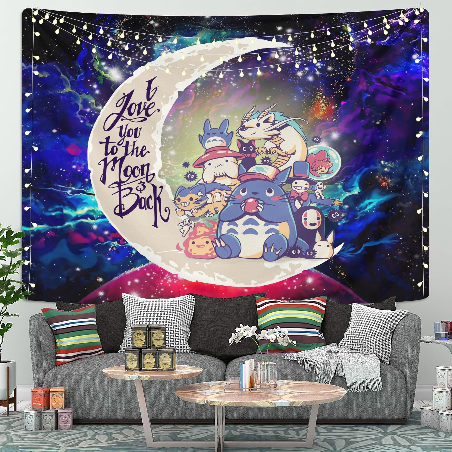 Ghibli Character Moon And Back Galaxy Tapestry Room Decor