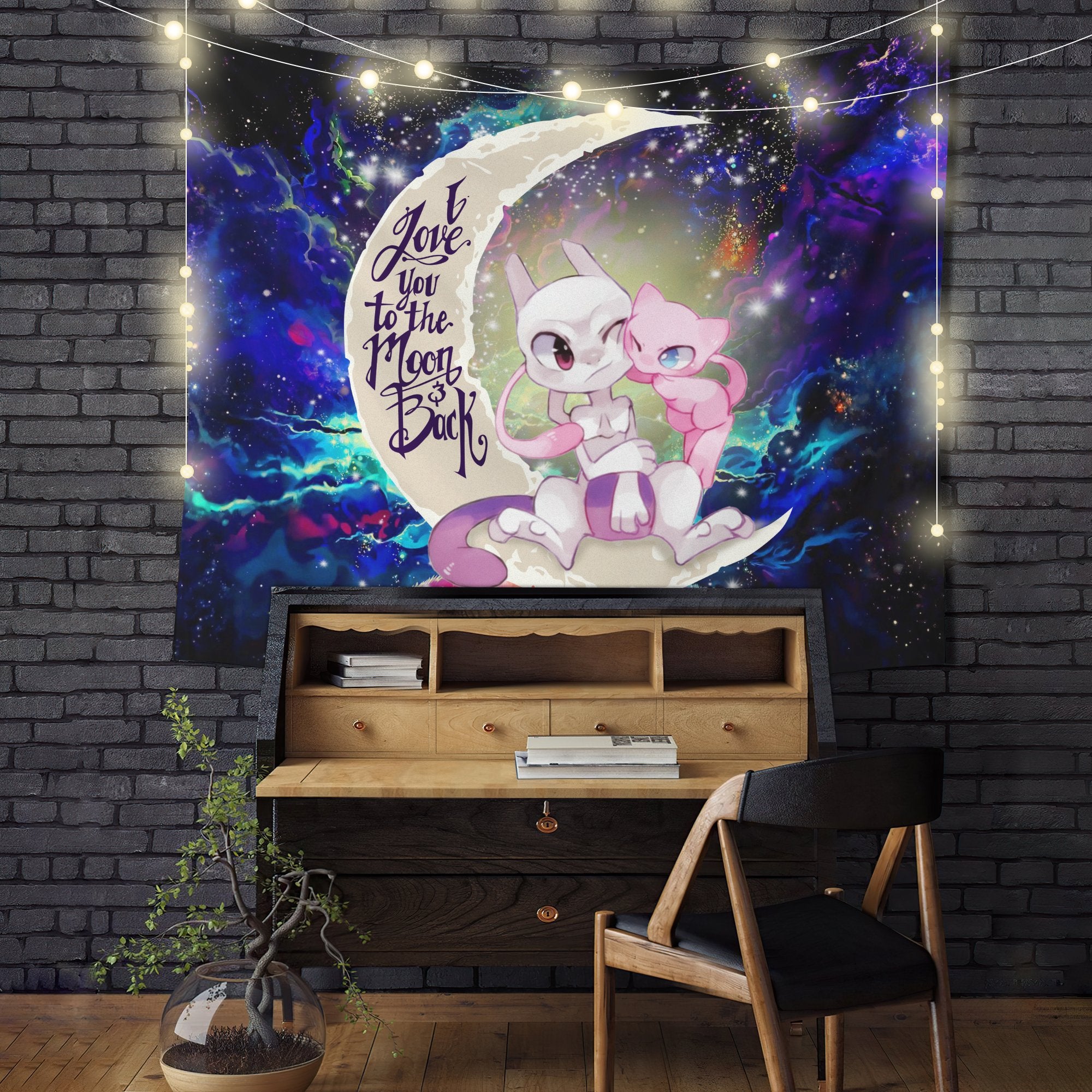 Pokemon Couple Mew Mewtwo Moon And Back Galaxy Tapestry Room Decor