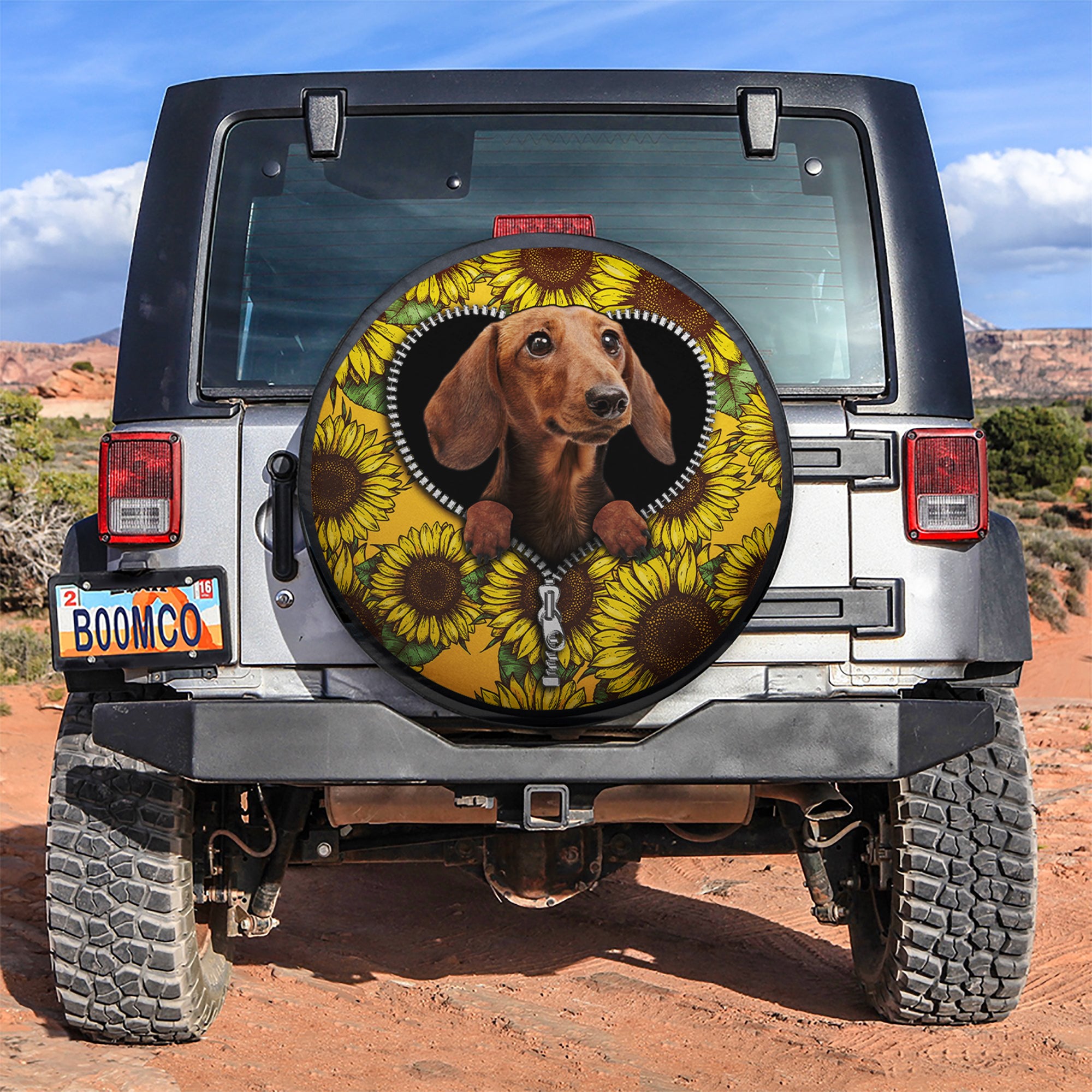 Sunflower Brown Dachshund Zipper Car Spare Tire Covers Gift For Campers Nearkii