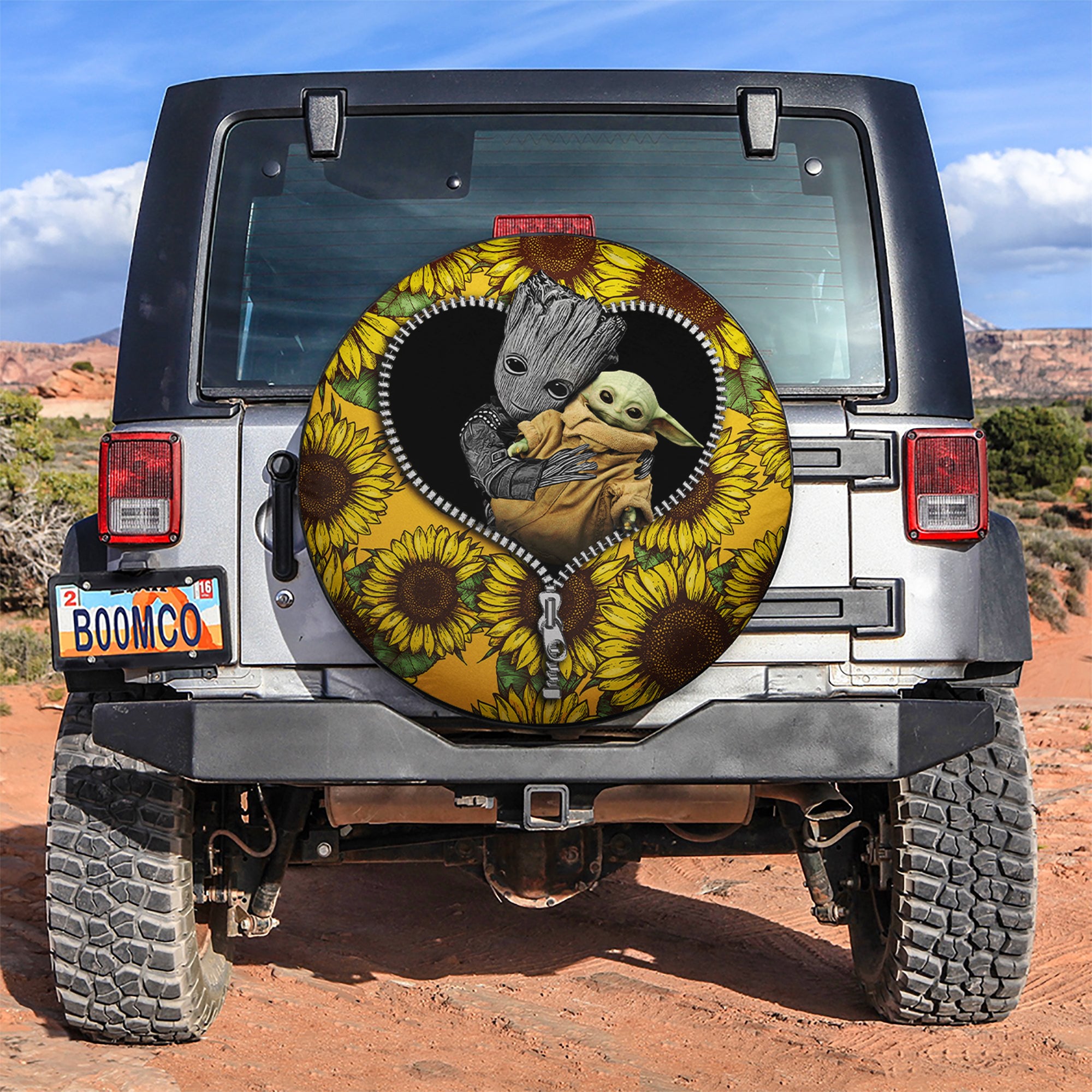 Baby Groot And Baby Yoda Sunflower Zipper Car Spare Tire Covers Gift For Campers Nearkii