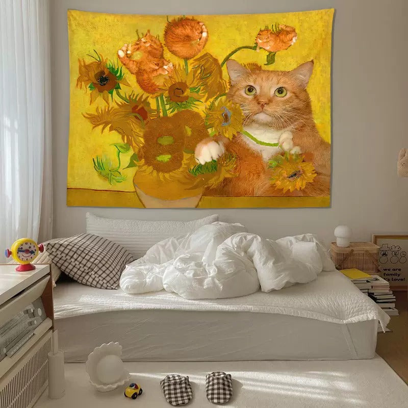 Cat With Flower Art Tapestry Room Decor Nearkii