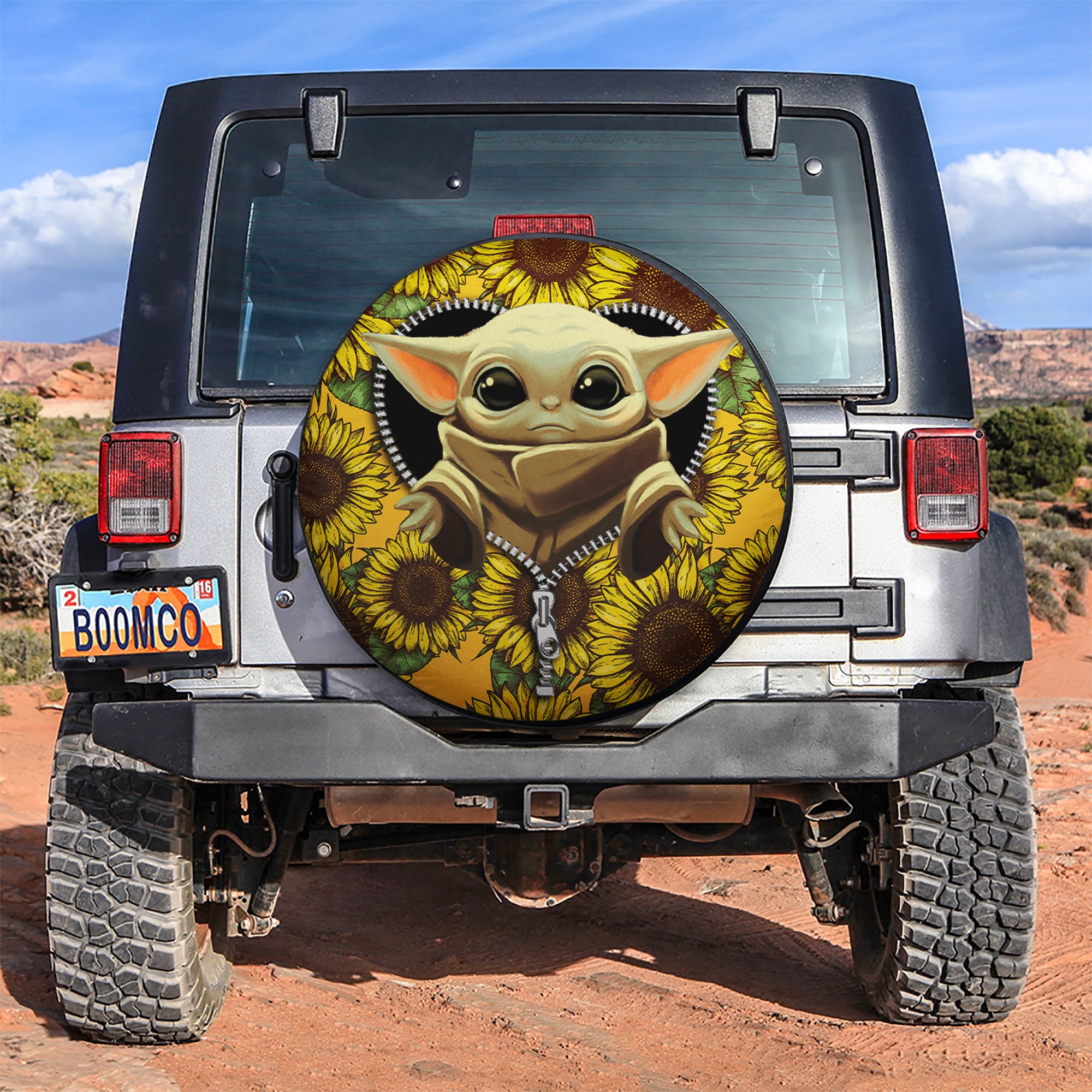 Baby Yoda Sunflower Zipper Car Spare Tire Covers Gift For Campers Nearkii