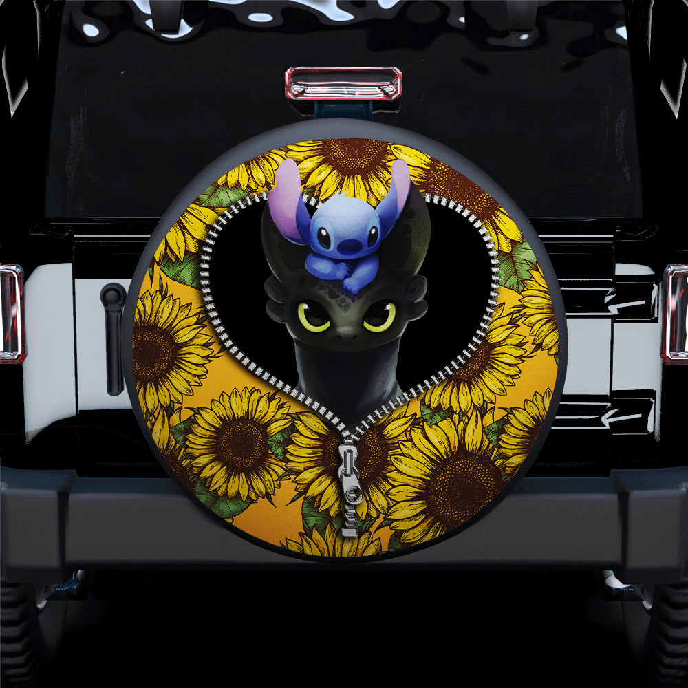 Toothless And Stitch Sunflower Zipper Car Spare Tire Covers Gift For Campers Nearkii