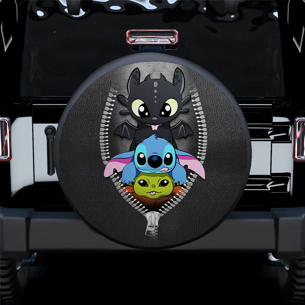 Toothless Baby Yoda Stitch Zipper Car Spare Tire Covers Gift For Campers Nearkii