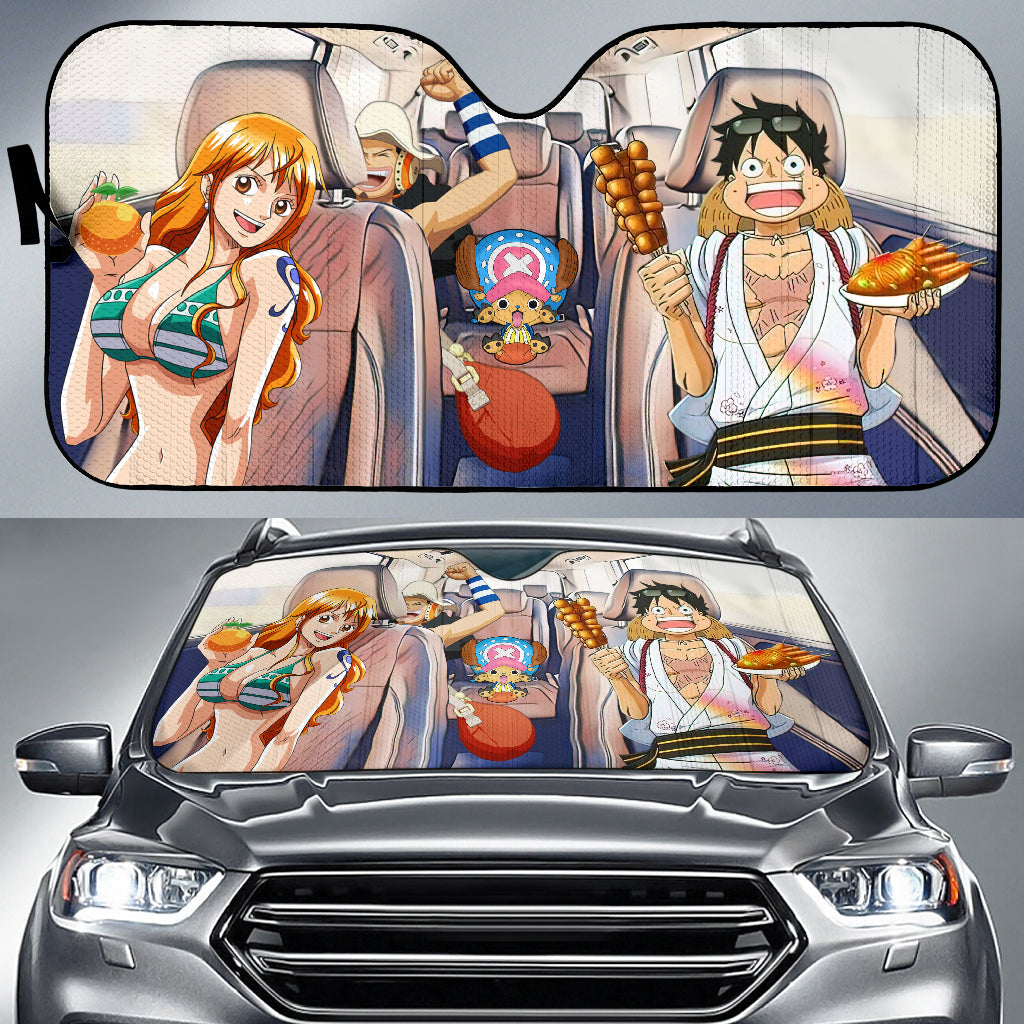 One Piece Anime Luffy Nami Chopper And Usopp Driving Car Auto Sunshades Nearkii