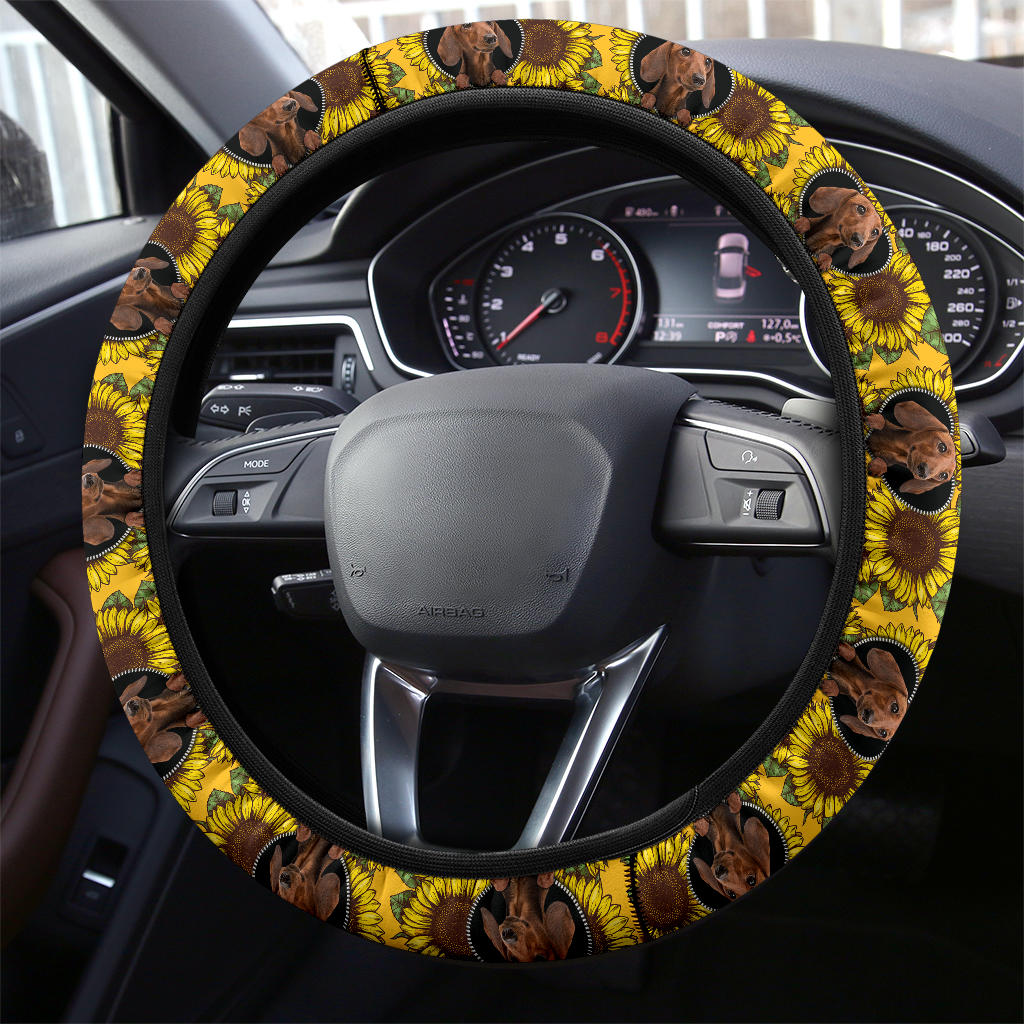 Sunflower Dachshund Car Steering Wheel Cover
