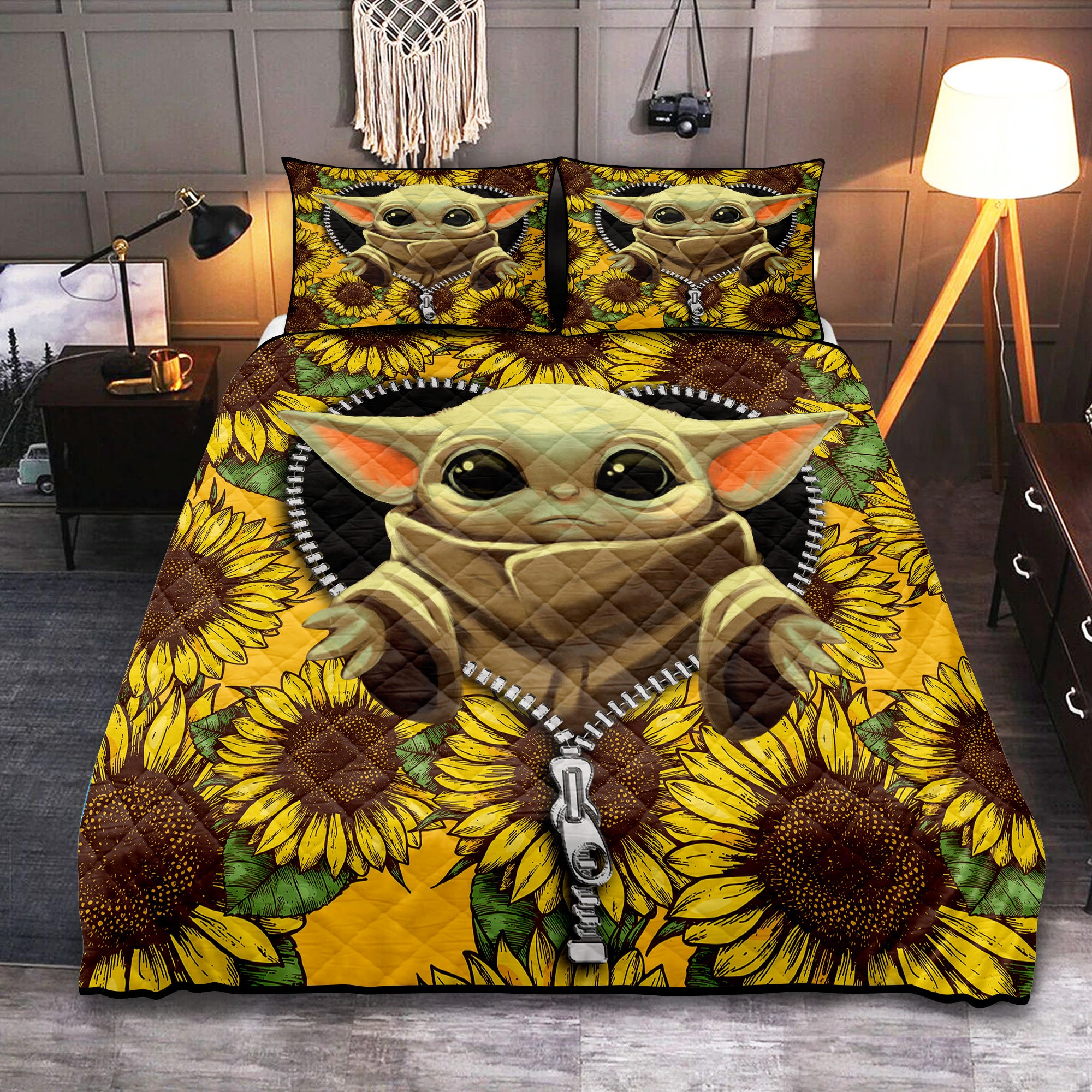 Baby Yoda Sunflower Zipper Quilt Bed Sets Nearkii
