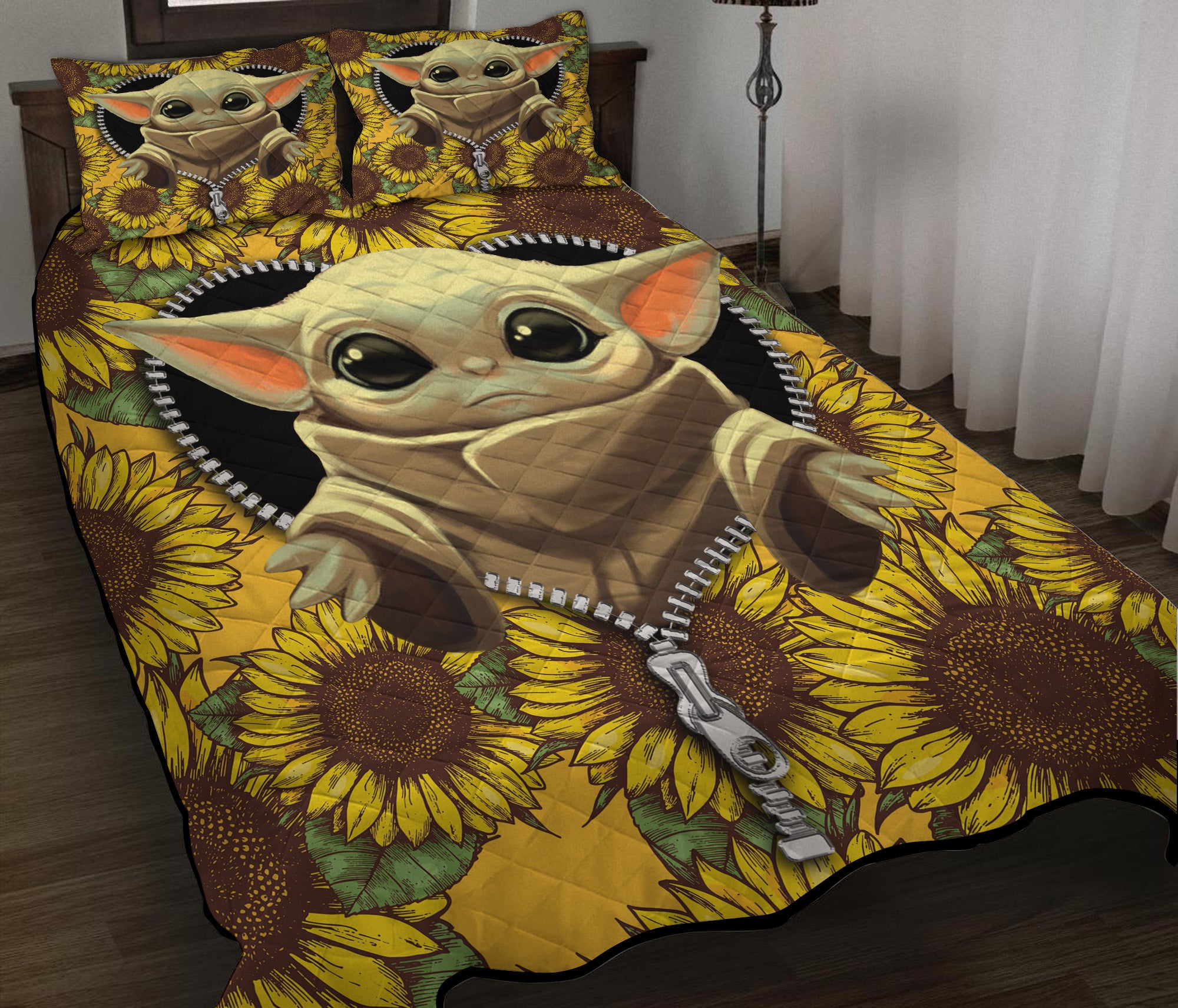 Baby Yoda Sunflower Zipper Quilt Bed Sets Nearkii