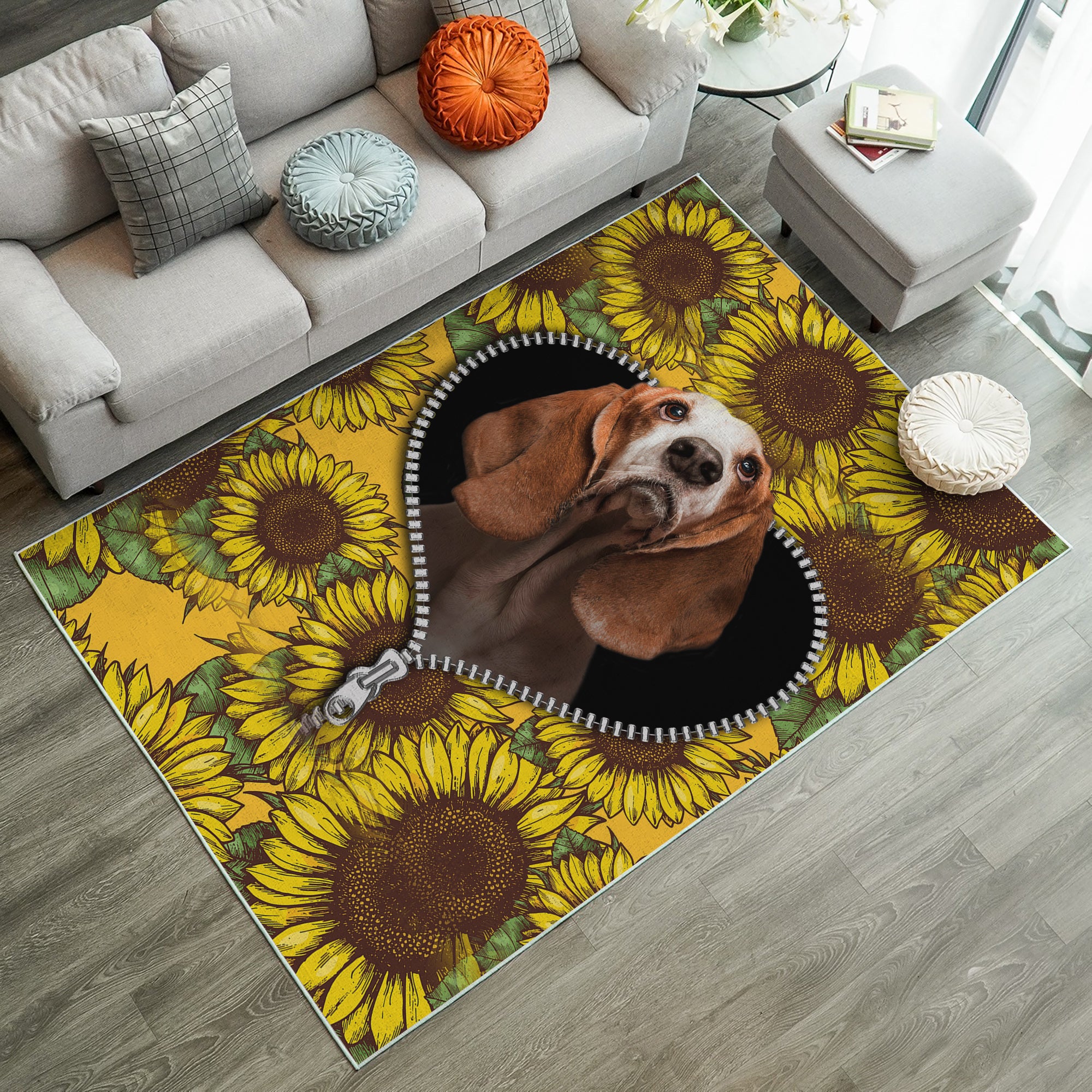 Basset Hound Sunflower Zipper Rug Carpet Rug Home Room Decor Nearkii
