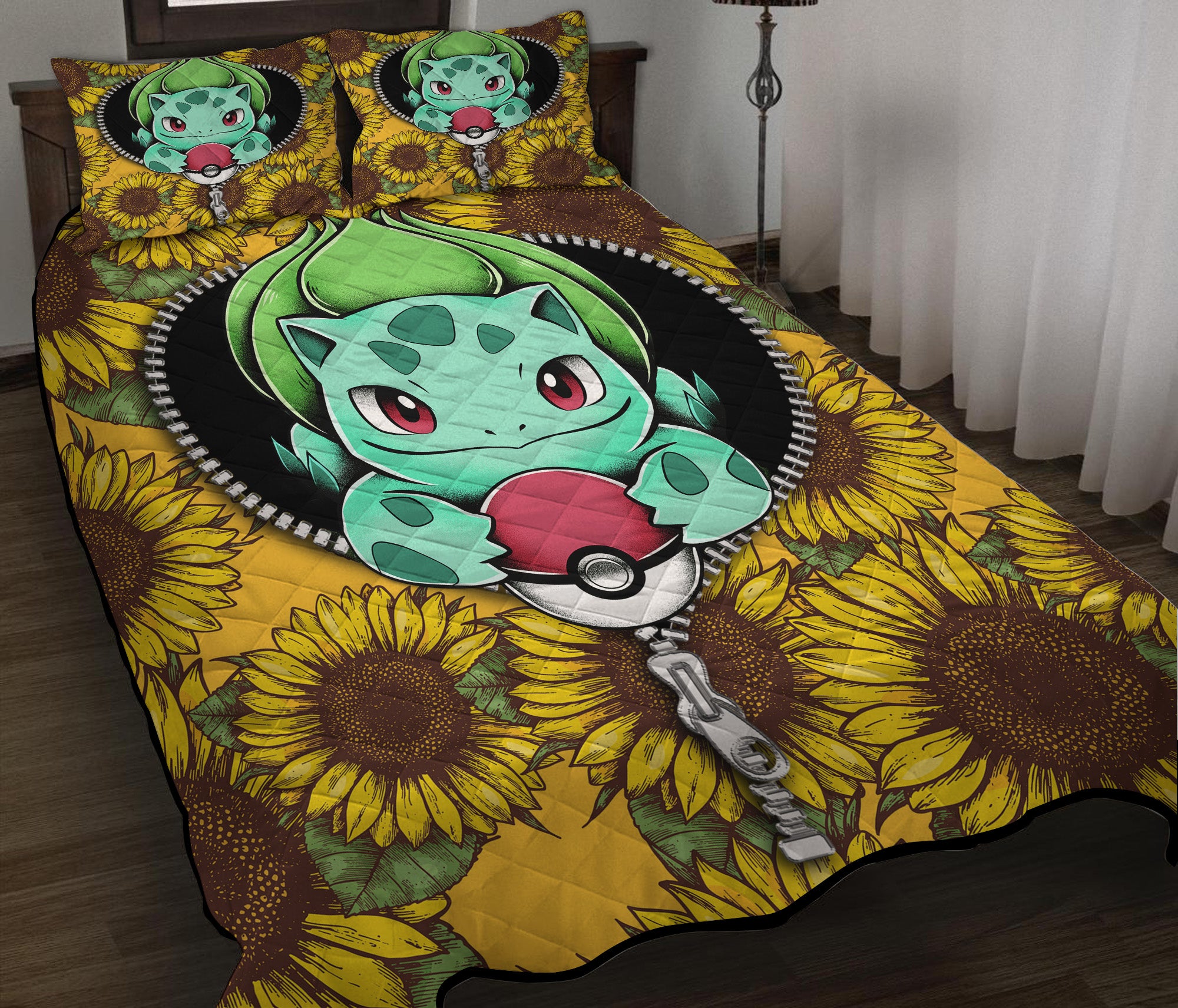 Bulbasaur Sunflower Zipper Pokemon Quilt Bed Sets Nearkii