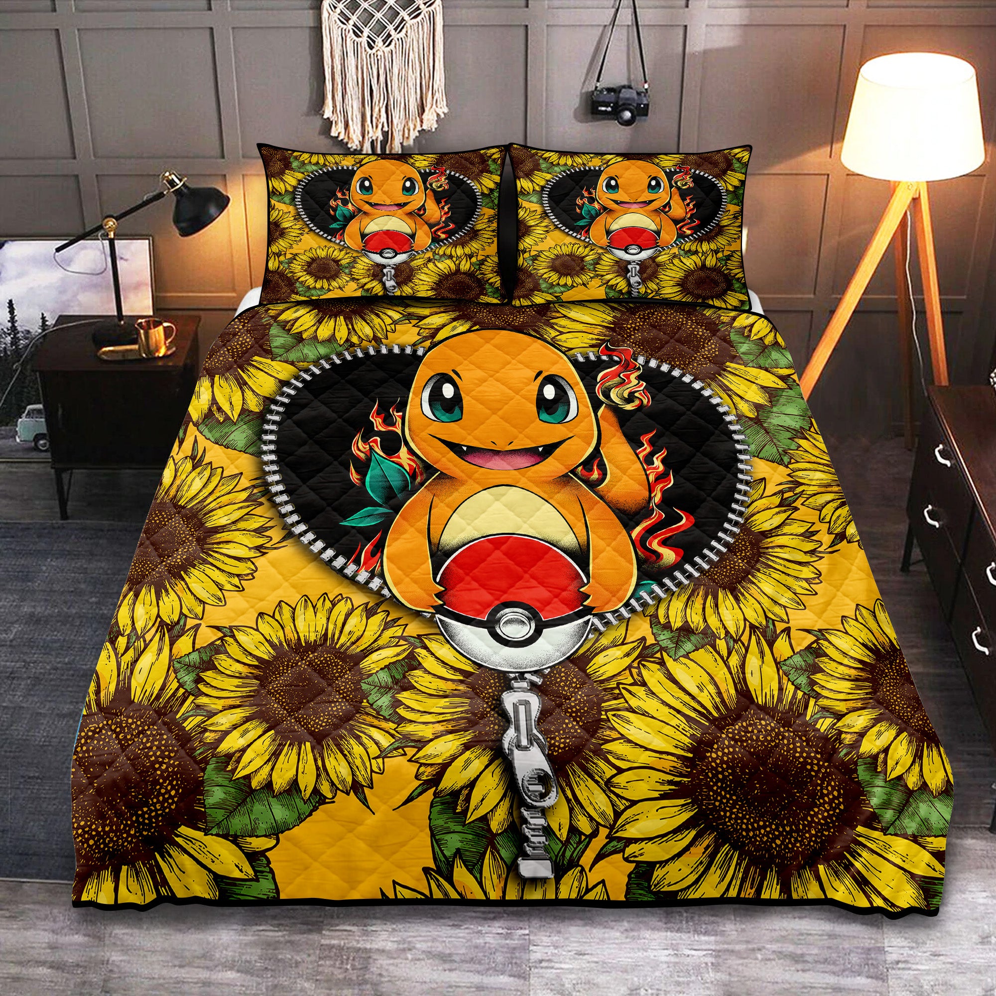 Charmander Pokemon Sunflower Zipper Quilt Bed Sets Nearkii