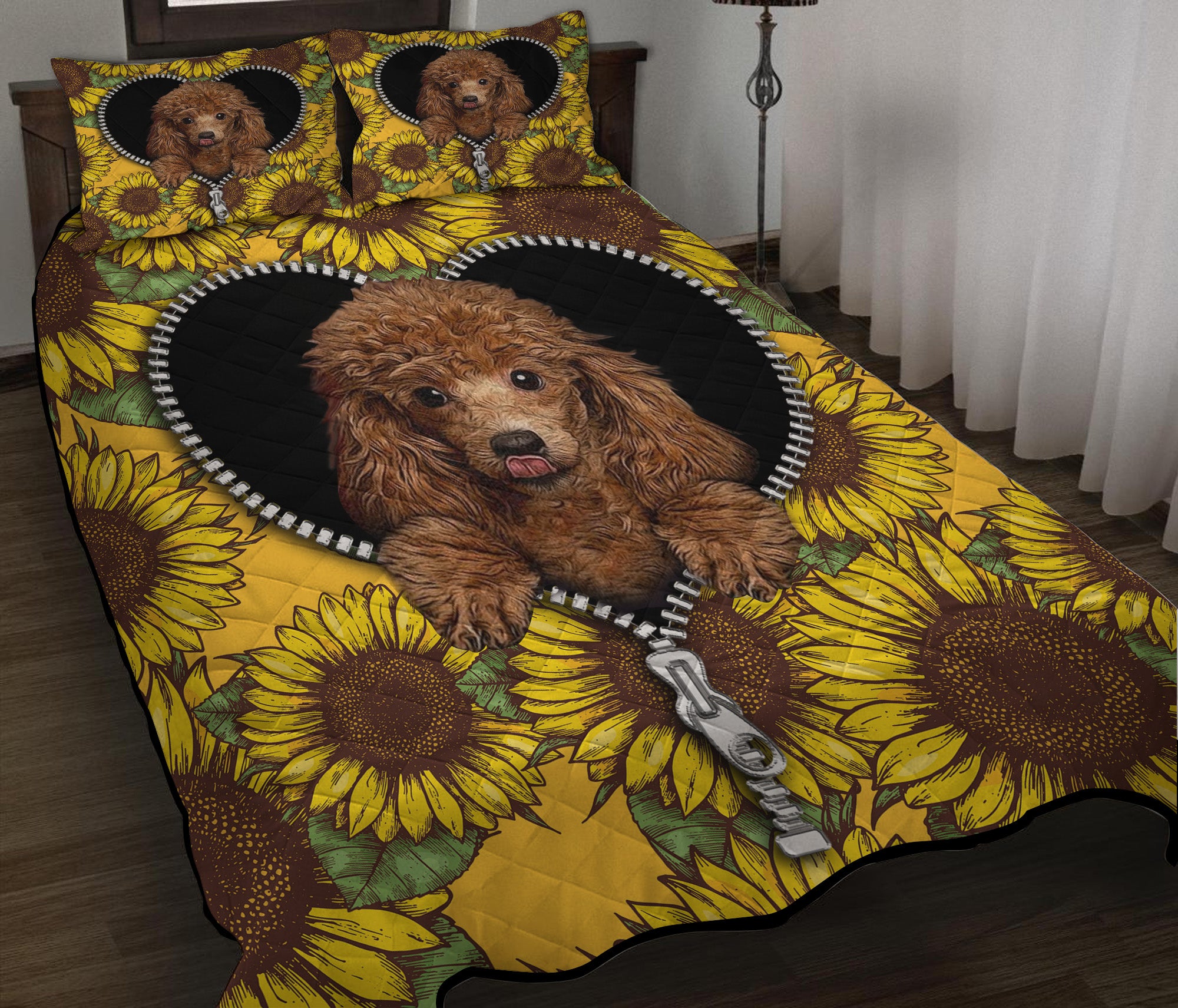 Cute Dog Poodle Sunflower Zipper Quilt Bed Sets Nearkii