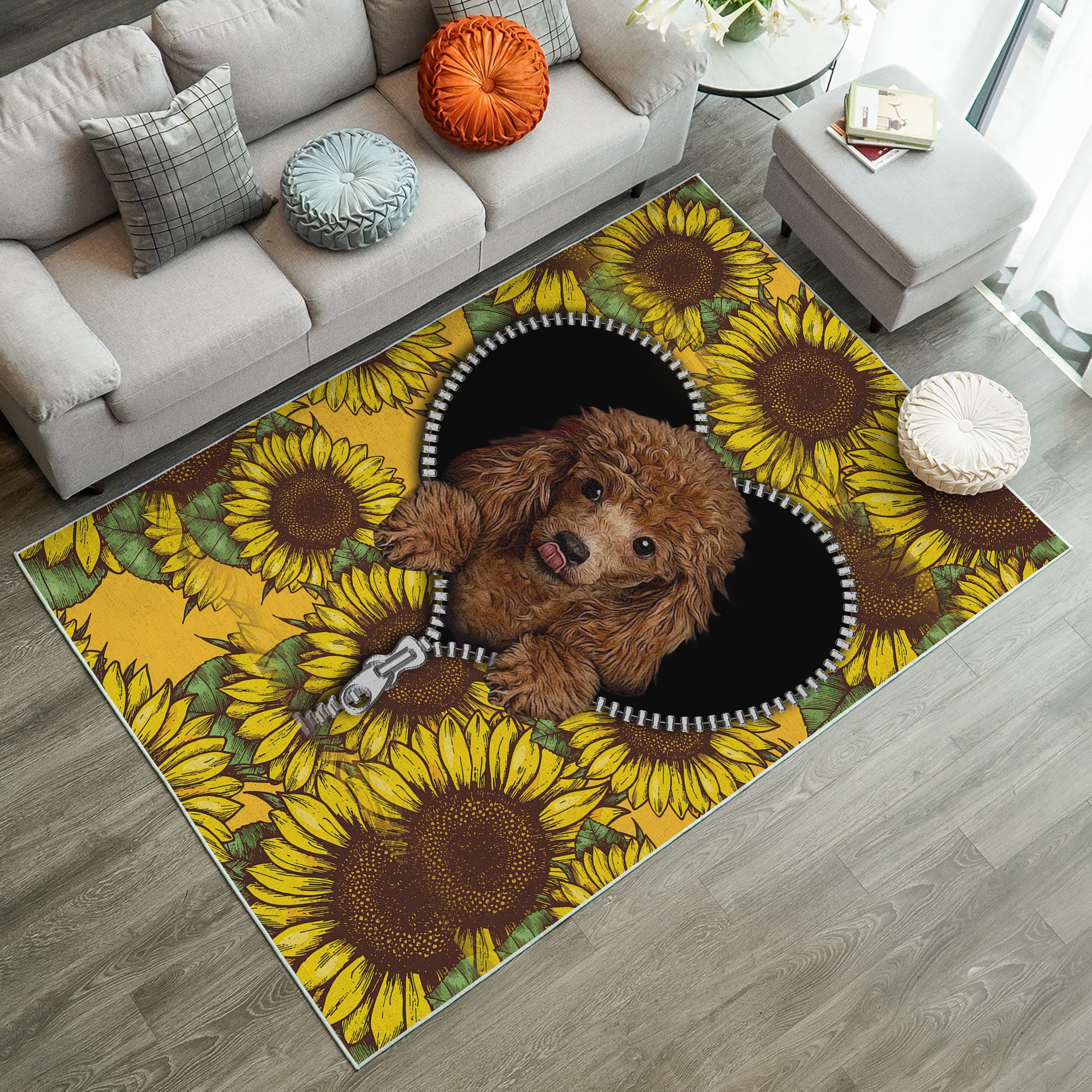 Cute Dog Sunflower Zipper Rug Carpet Rug Home Room Decor Nearkii