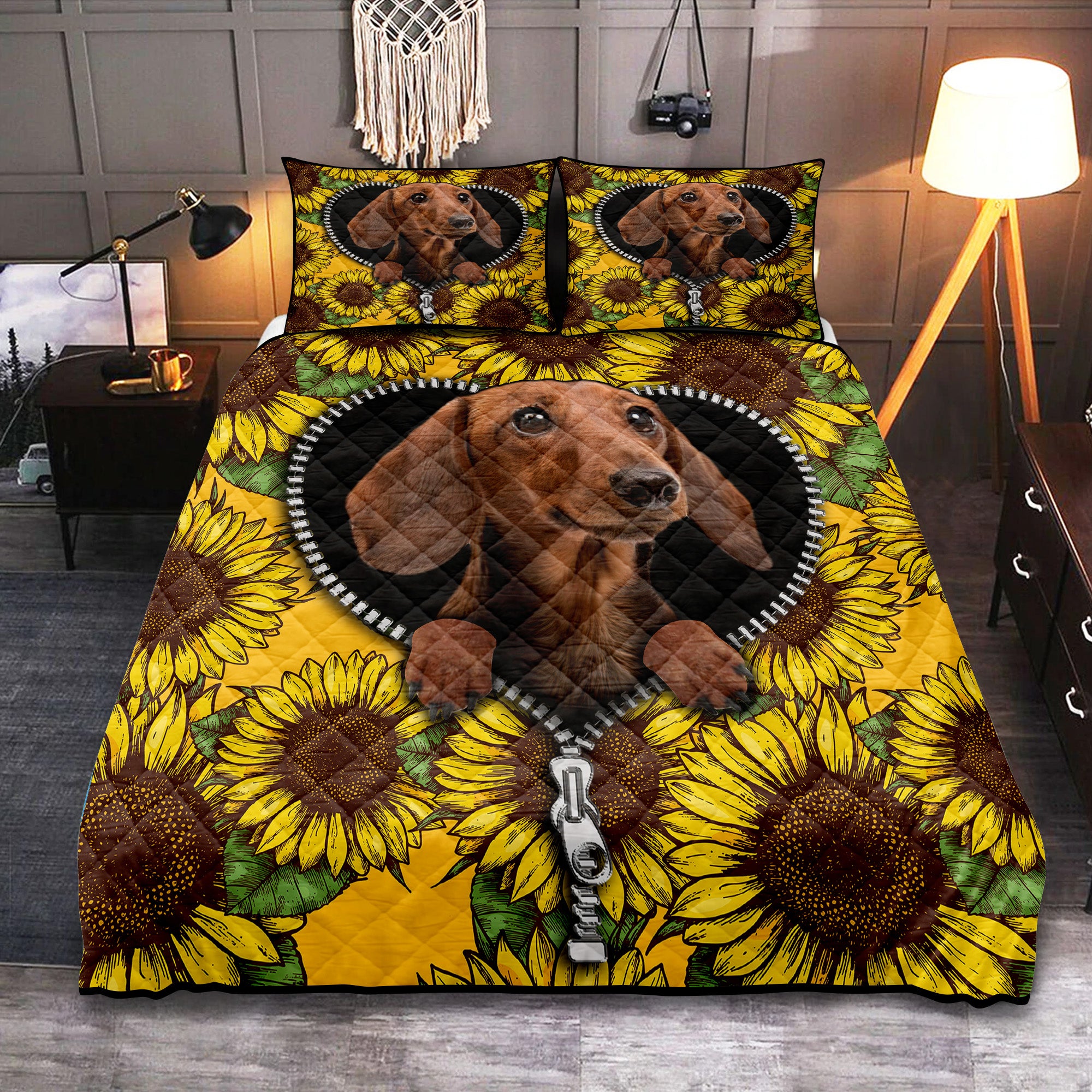 Sunflower Brown Dachshund Zipper Quilt Bed Sets Nearkii