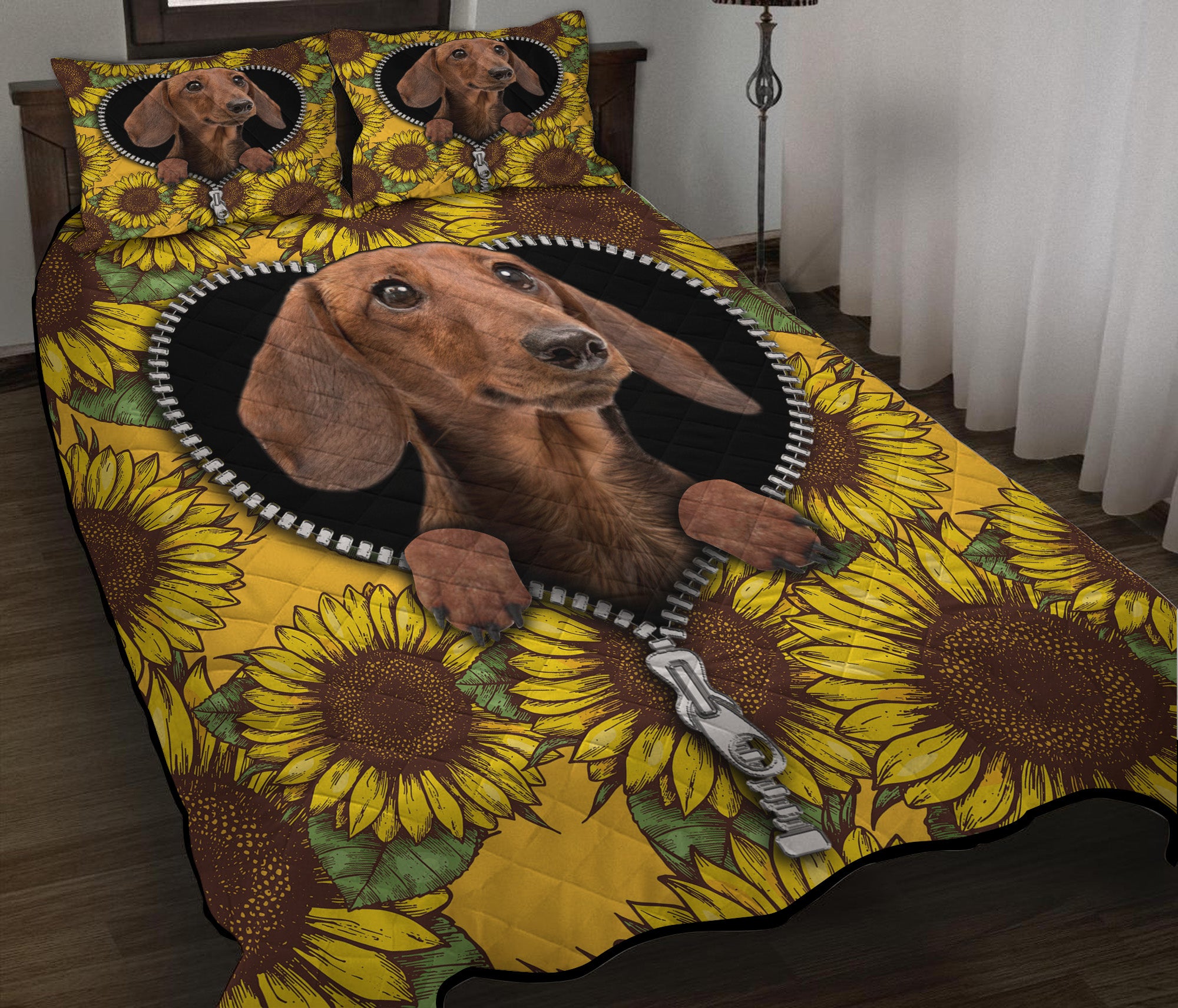 Sunflower Brown Dachshund Zipper Quilt Bed Sets Nearkii
