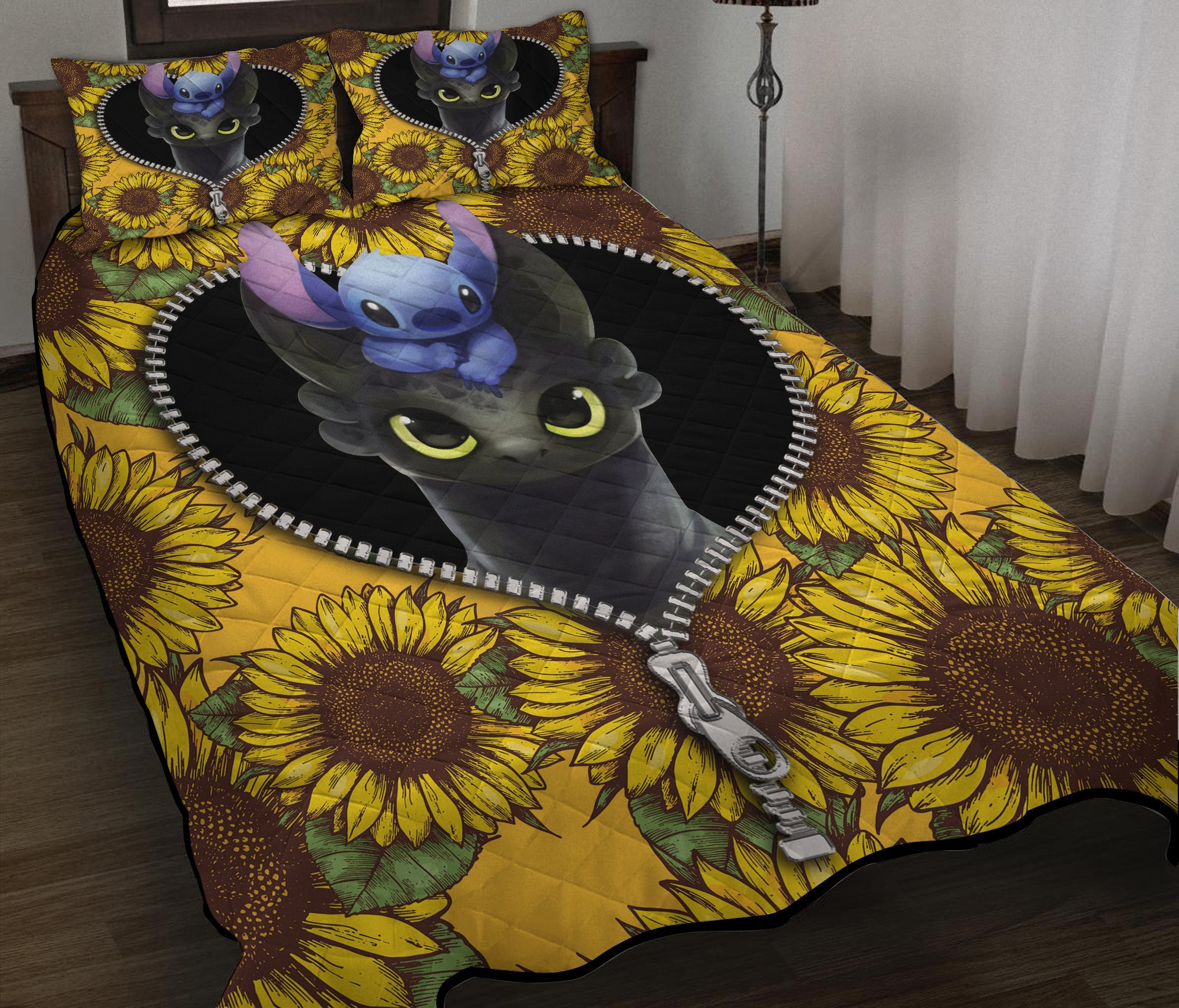 Toothless And Stitch Sunflower Zipper Quilt Bed Sets Nearkii