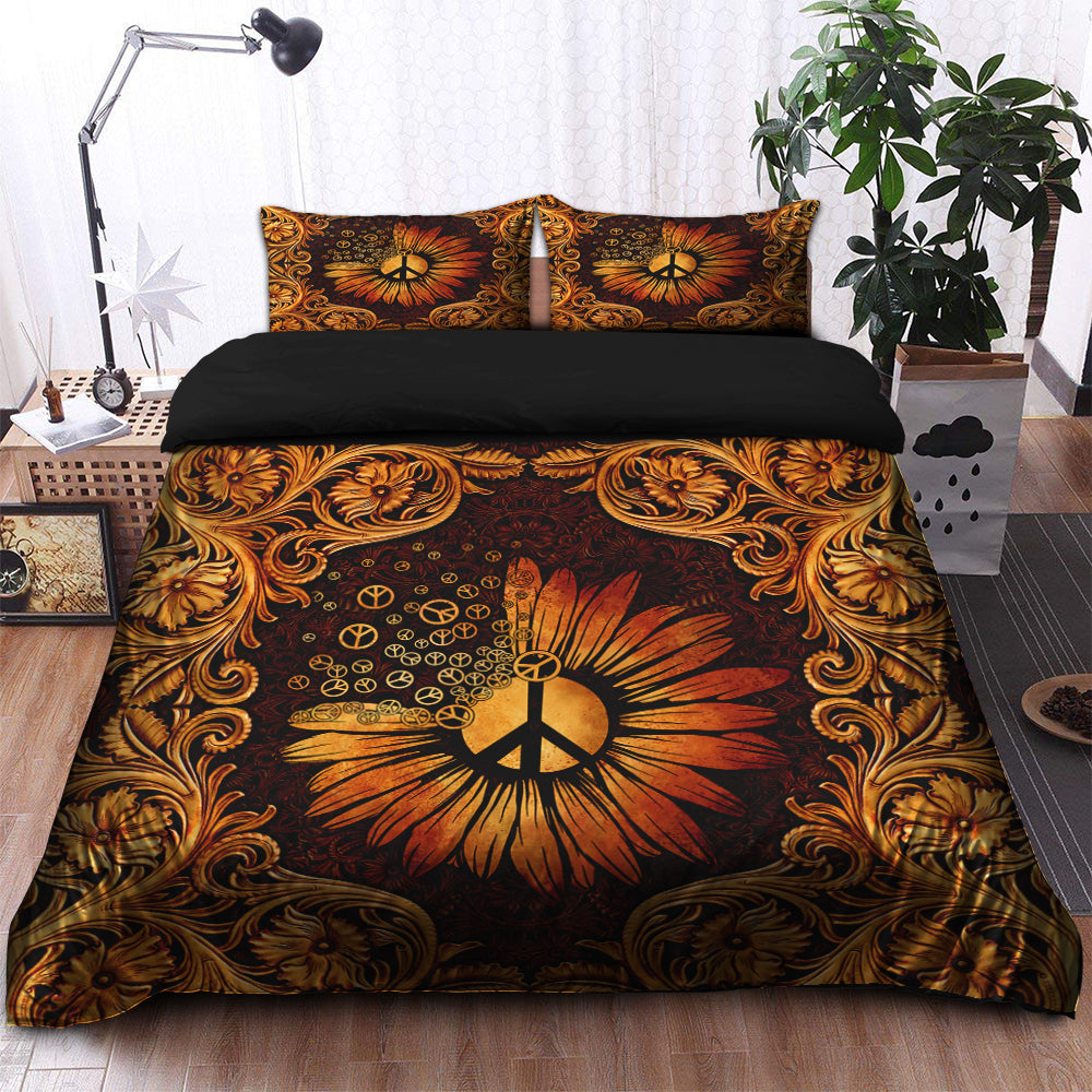 Peace Sign Sunflower Hippie Bedding Set Duvet Cover And 2 Pillowcases