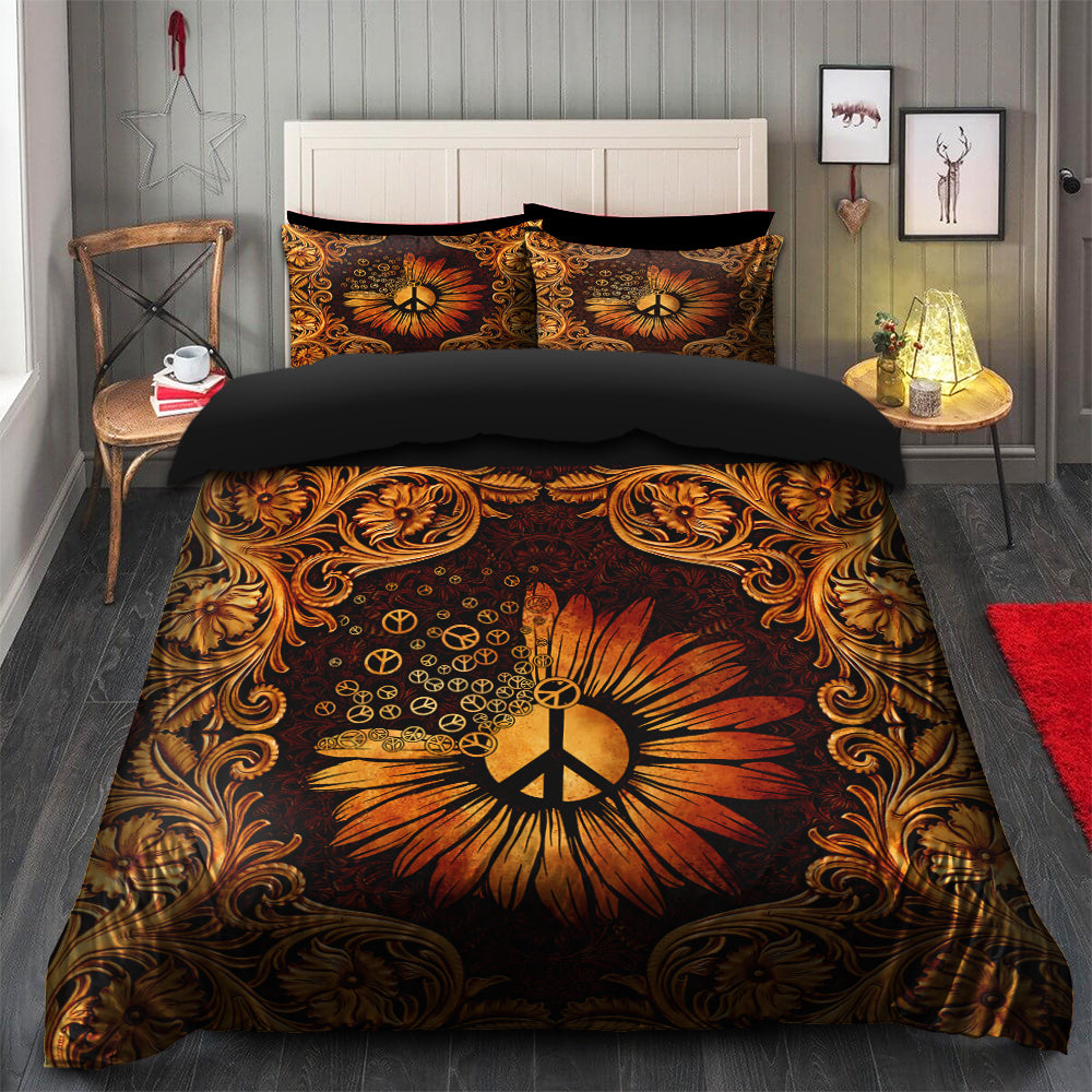 Peace Sign Sunflower Hippie Bedding Set Duvet Cover And 2 Pillowcases