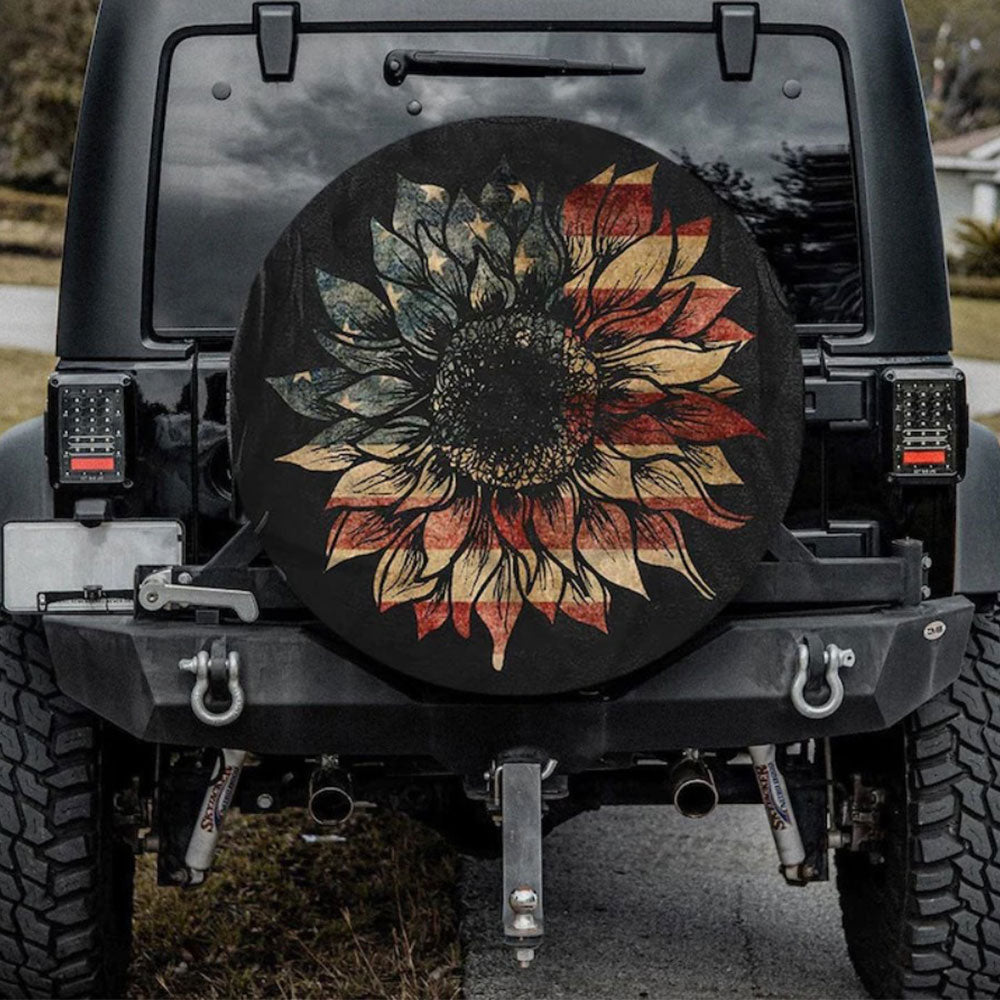 Sunflower American Flag Art Jeep Car Spare Tire Cover Gift For Campers Nearkii