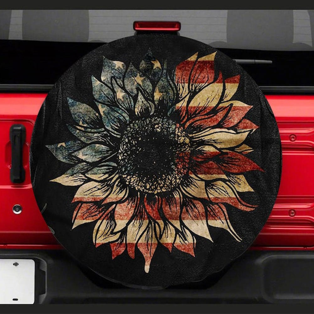Sunflower American Flag Art Jeep Car Spare Tire Cover Gift For Campers Nearkii