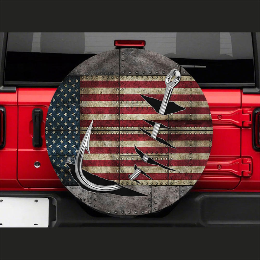 Fishing Hook, American Flag Car Spare Tire Cover Gift For Campers Nearkii