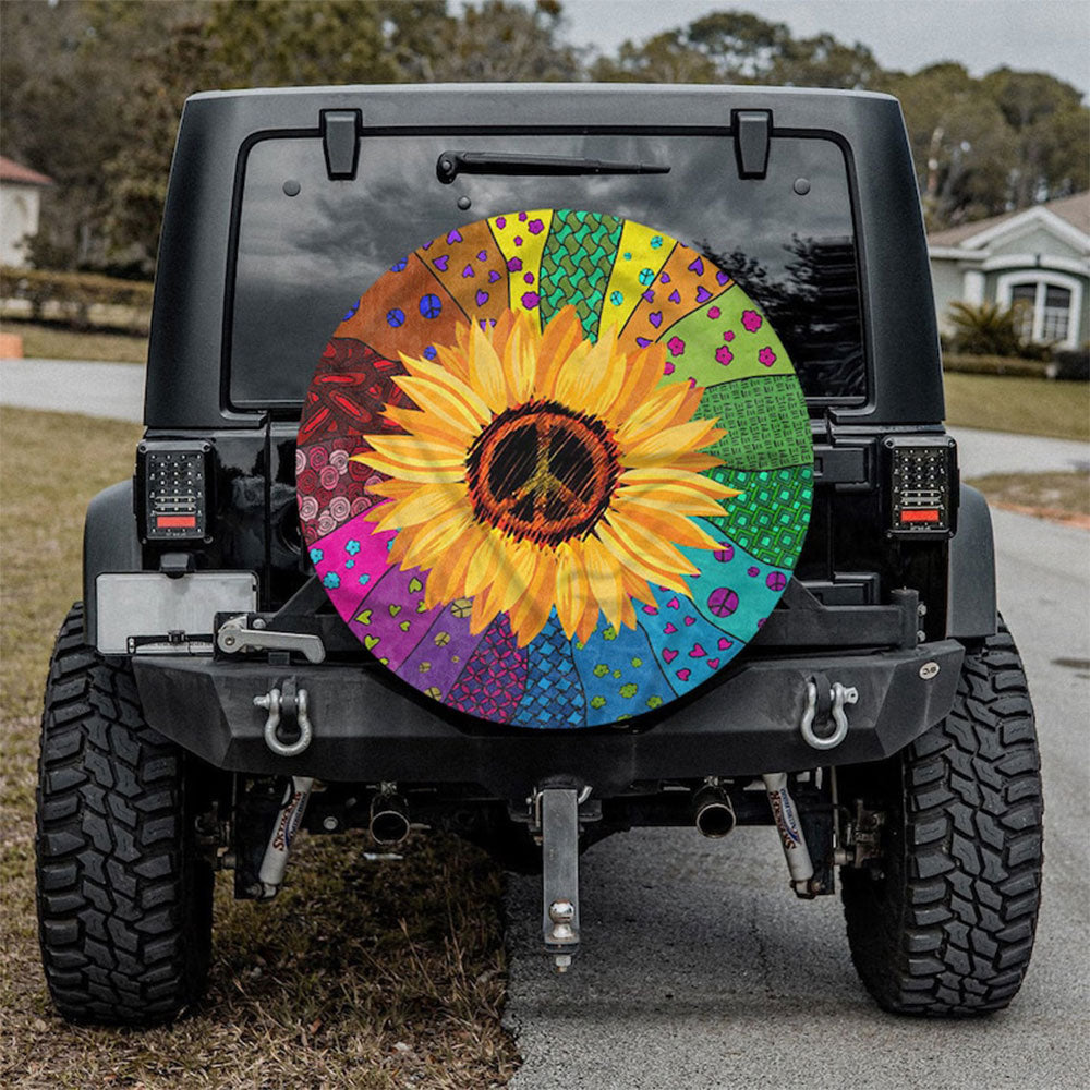 Sunflower Peace Sign, Vintage Hippie Art Car Spare Tire Cover Gift For Campers Nearkii