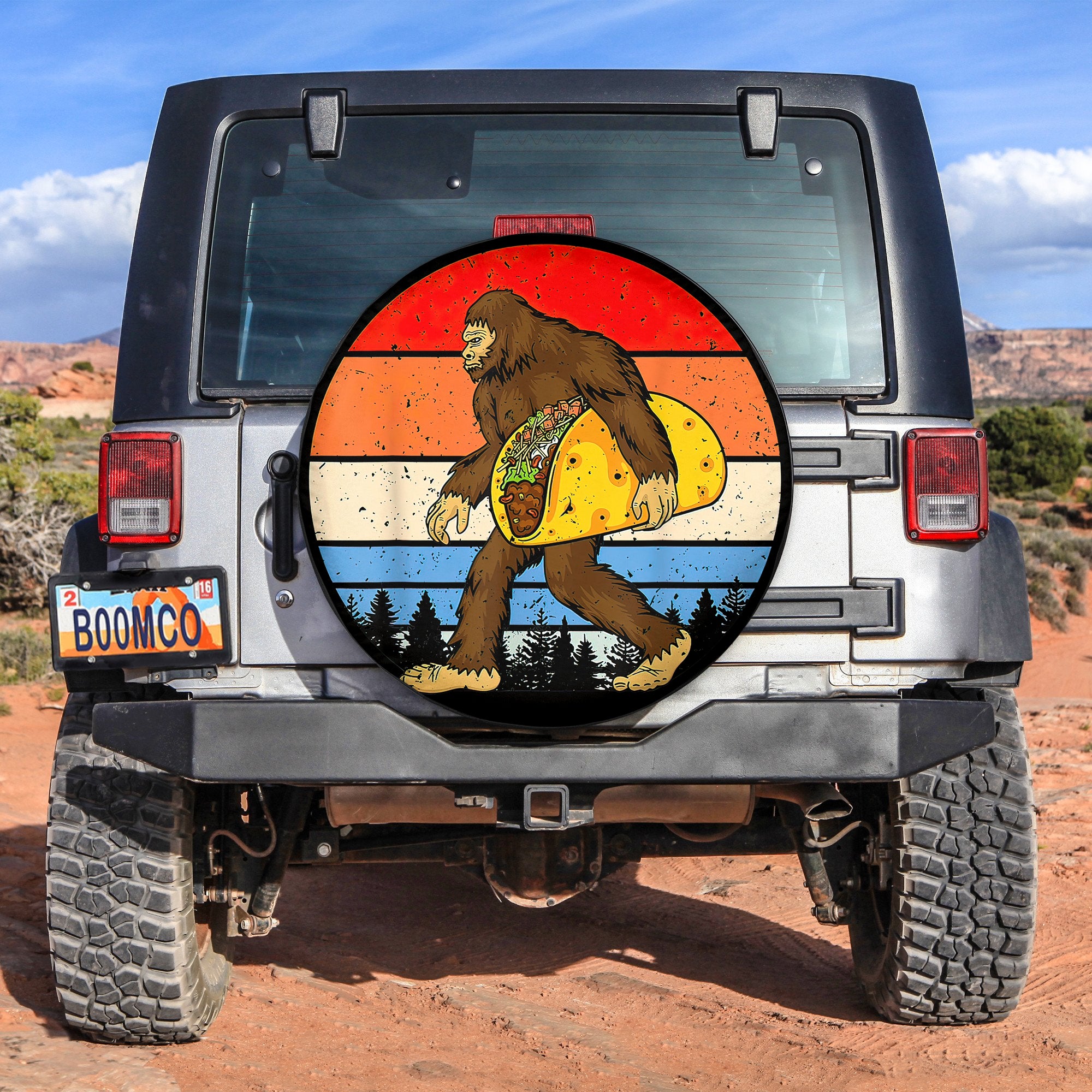 Bigfoot Holding A Taco Spare Tire Cover Gift For Campers Nearkii