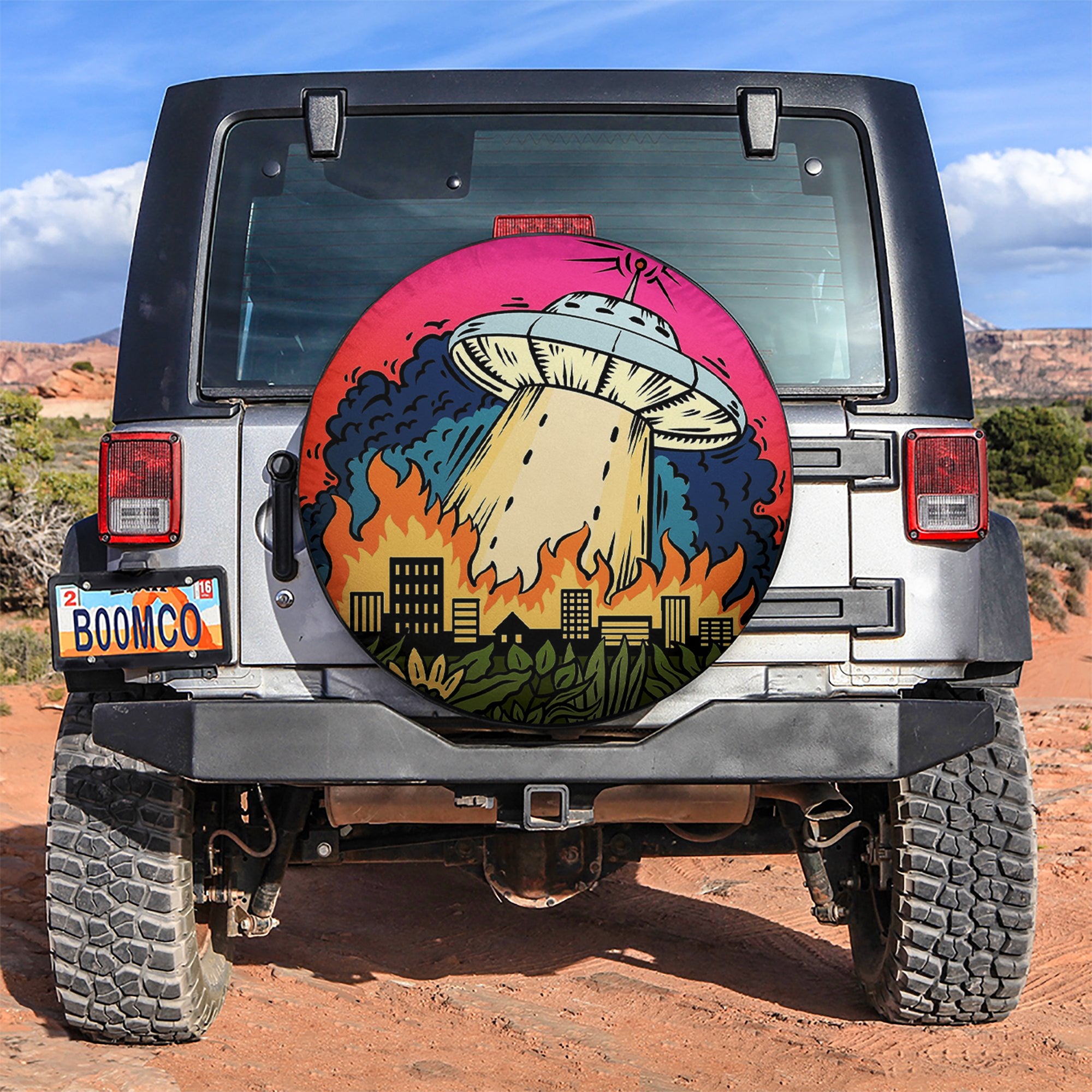 Funny UFO Art Custom Jeep Car Spare Tire Cover Gift For Campers Nearkii