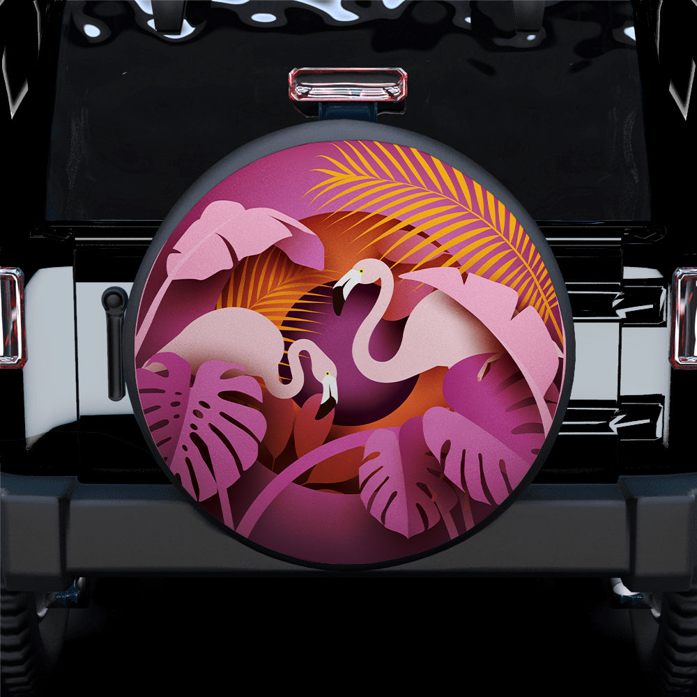 Two Flamingos In Tropical Leaves Paper Cut Style Car Spare Tire Covers Gift For Campers Nearkii