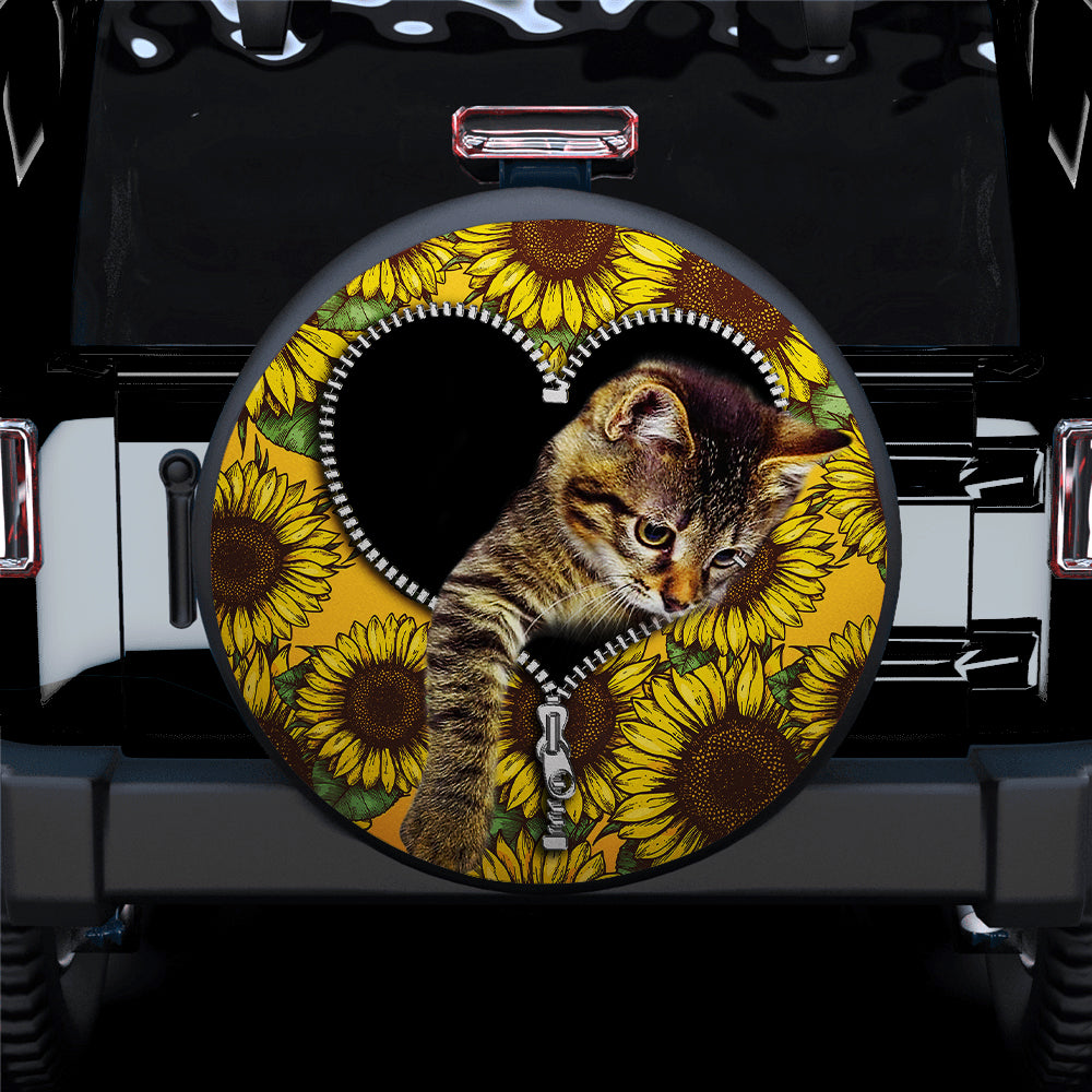 Cute Cat Sunflower Zipper Car Spare Tire Covers Gift For Campers Nearkii