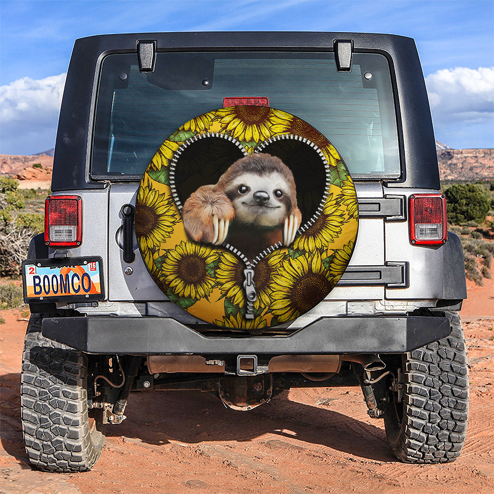 Sloth Cute Sunflower Zipper Car Spare Tire Covers Gift For Campers Nearkii