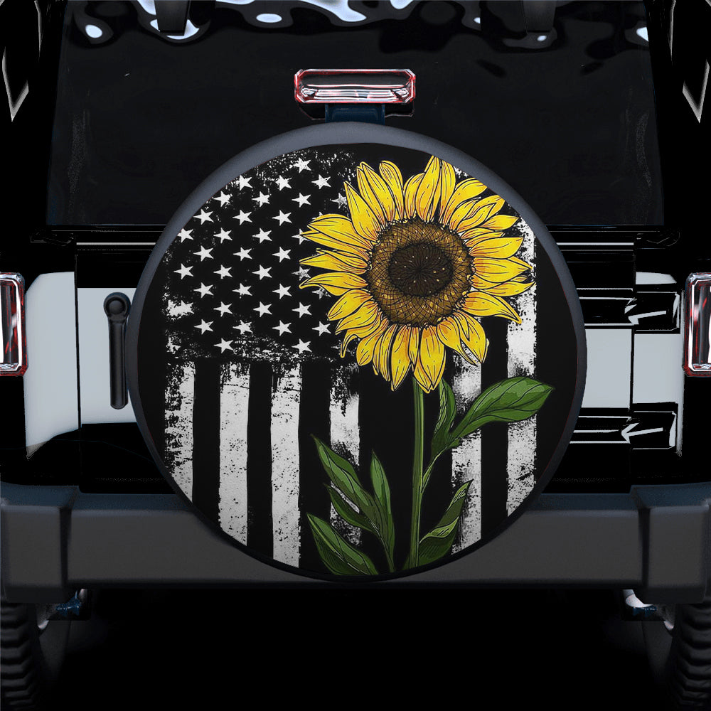 Sunflower American Flag Custom Jeep Car Spare Tire Cover Gift For Campers Nearkii