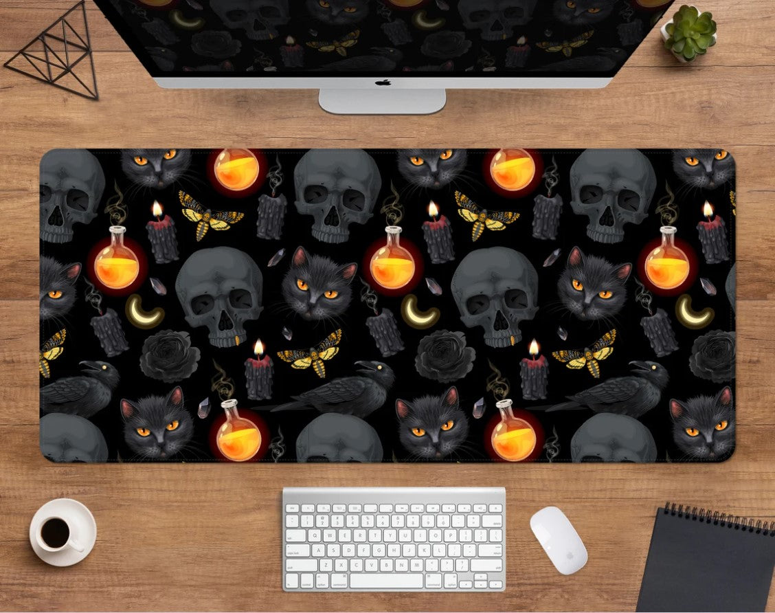 Witchy Black Cat Horror Halloween Skull Pattern Mouse Mat Nearkii