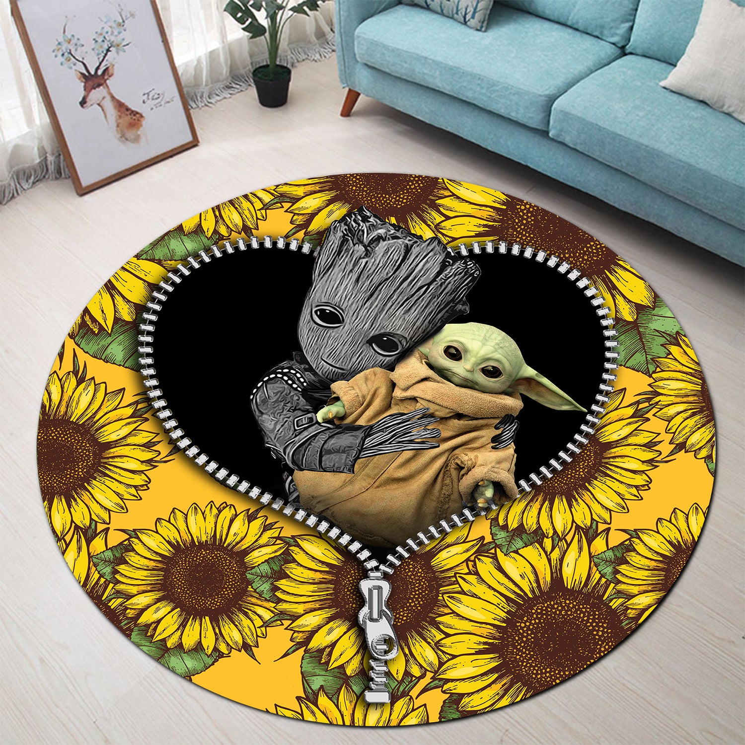Baby Groot And Baby Yoda Sunflower Zipper Round Carpet Rug Bedroom Livingroom Home Decor Nearkii