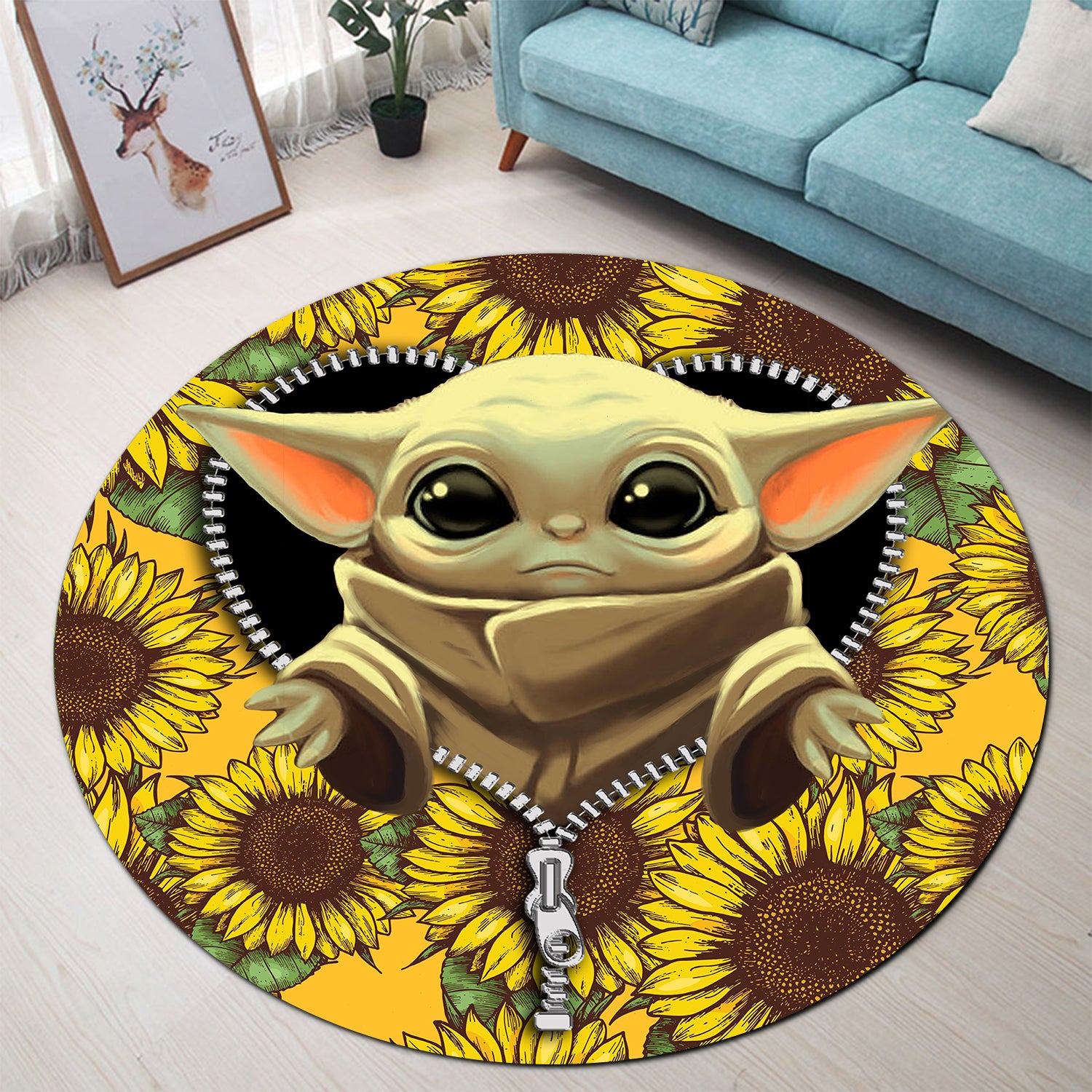 Baby Yoda Sunflower Zipper Round Carpet Rug Bedroom Livingroom Home Decor Nearkii