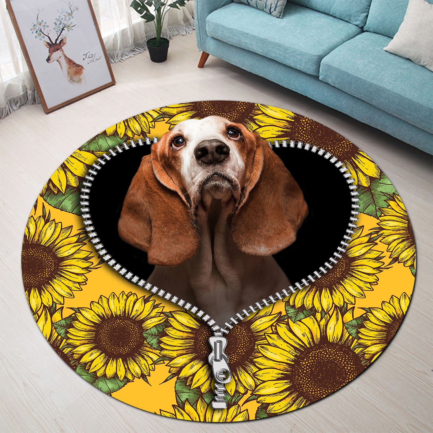 Basset Hound Sunflower Zipper Round Carpet Rug Bedroom Livingroom Home Decor Nearkii
