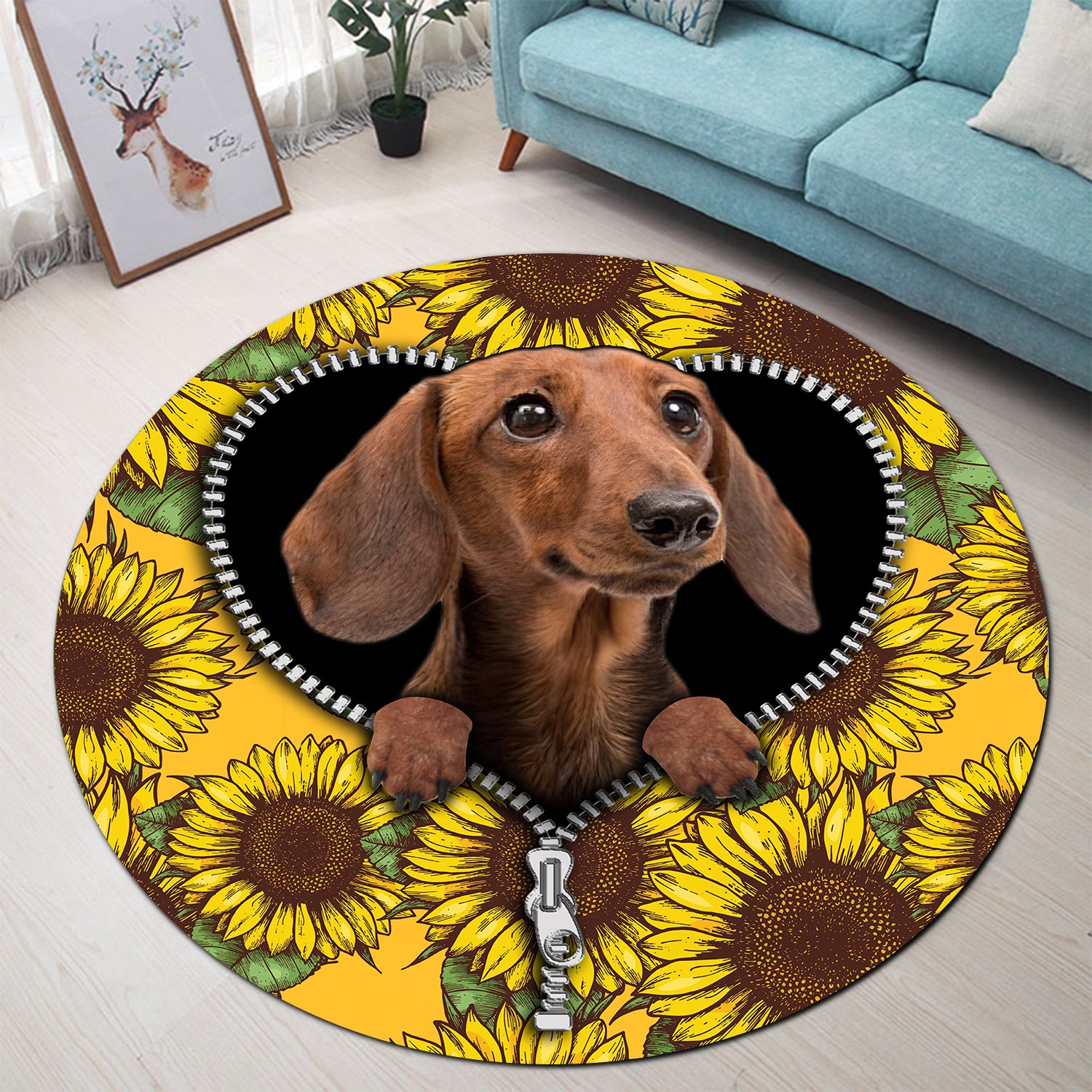 Brown Dachshund Sunflower Zipper Round Carpet Rug Bedroom Livingroom Home Decor Nearkii