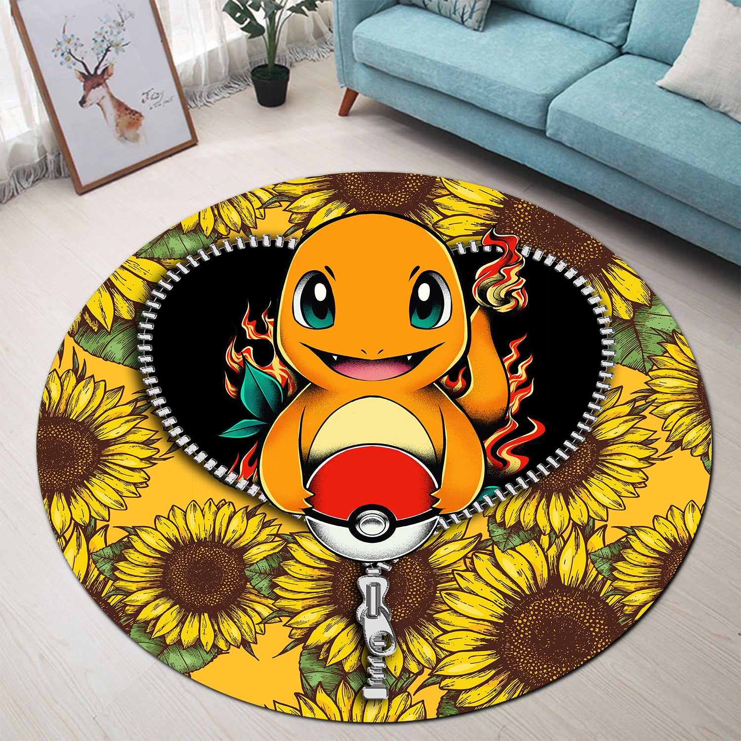Charmander Pokemon Sunflower Zipper Round Carpet Rug Bedroom Livingroom Home Decor Nearkii