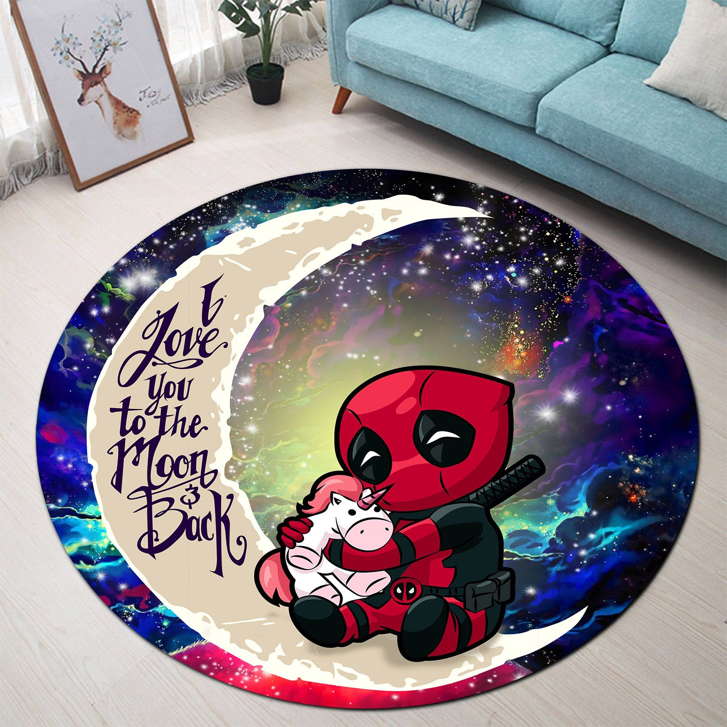 Chibi Deadpool Unicorn Toy Love You To The Moon Galaxy Round Carpet Rug Bedroom Livingroom Home Decor Nearkii