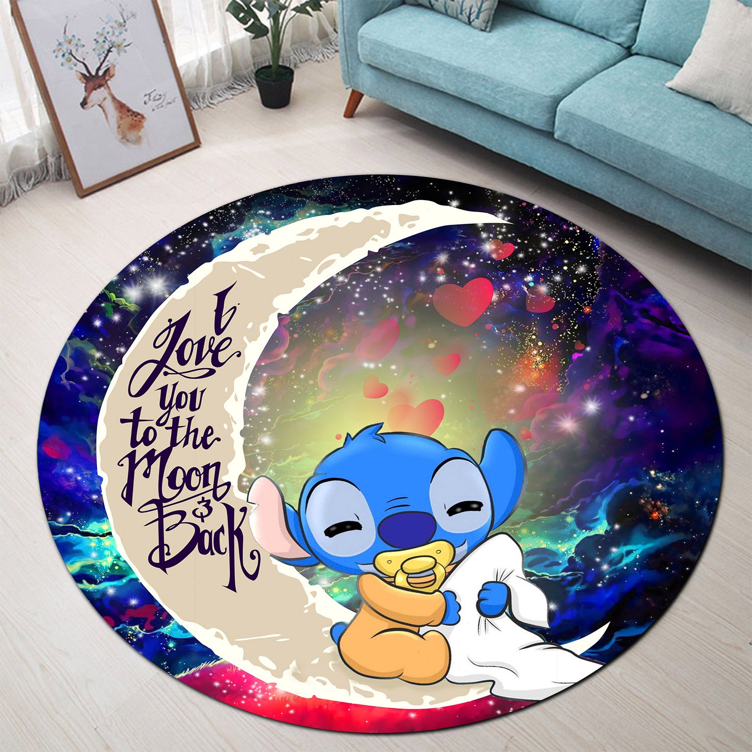 Cute Baby Stitch Sleep Love You To The Moon Galaxy Round Carpet Rug Bedroom Livingroom Home Decor Nearkii