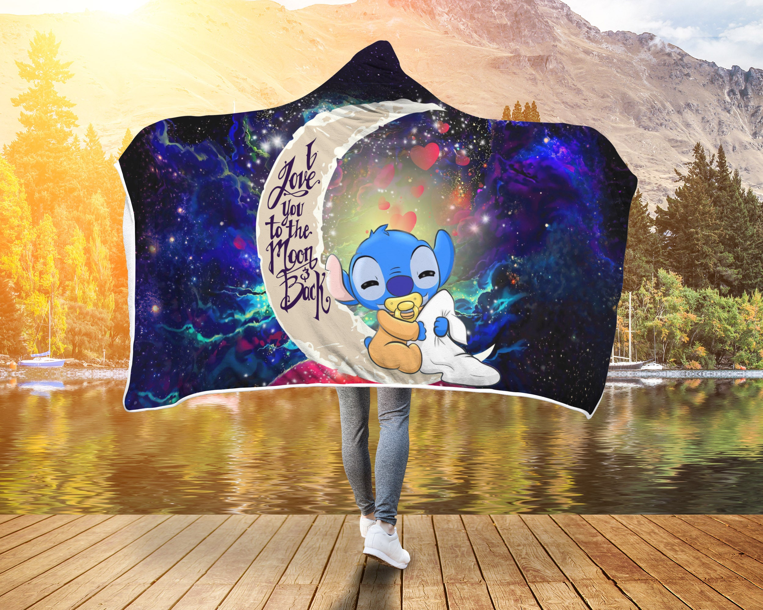Cute Baby Stitch Sleep Love You To The Moon Galaxy Economy Hooded Blanket Nearkii