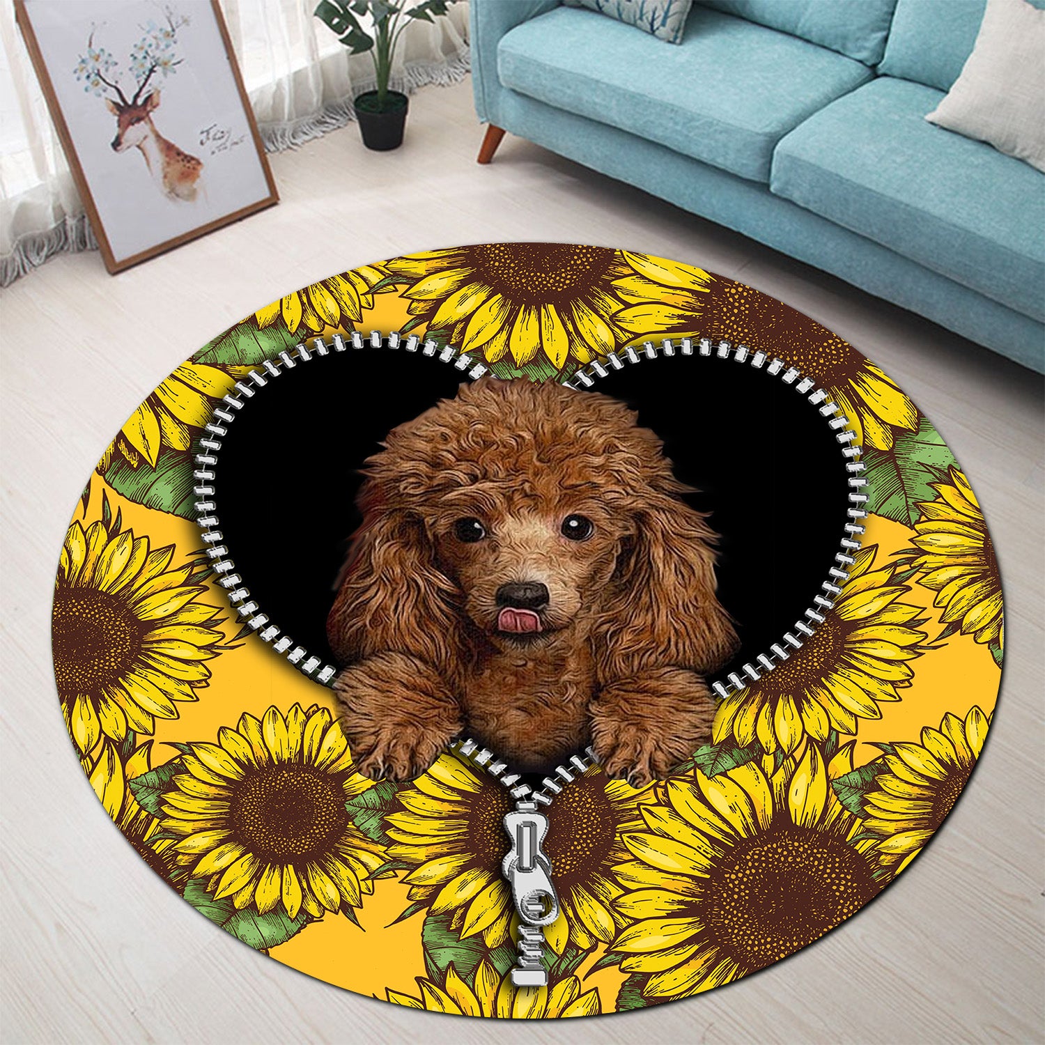 Cute Dog Sunflower Zipper Round Carpet Rug Bedroom Livingroom Home Decor Nearkii