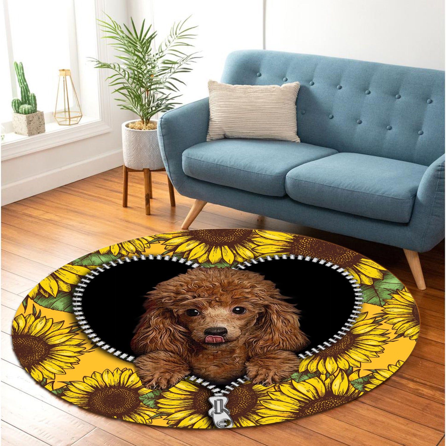 Cute Dog Sunflower Zipper Round Carpet Rug Bedroom Livingroom Home Decor Nearkii