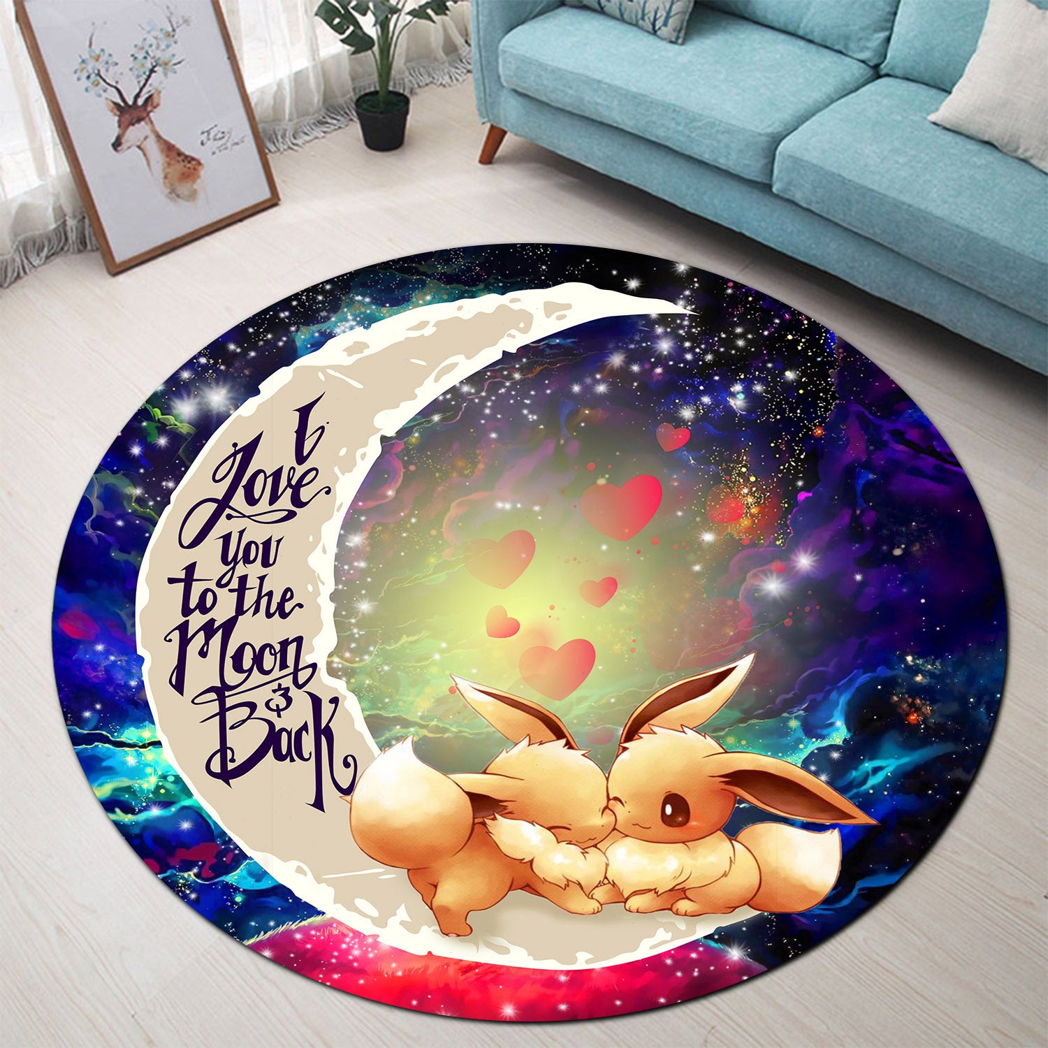 Cute Eevee Pokemon Couple Love You To The Moon Galaxy Round Carpet Rug Bedroom Livingroom Home Decor Nearkii